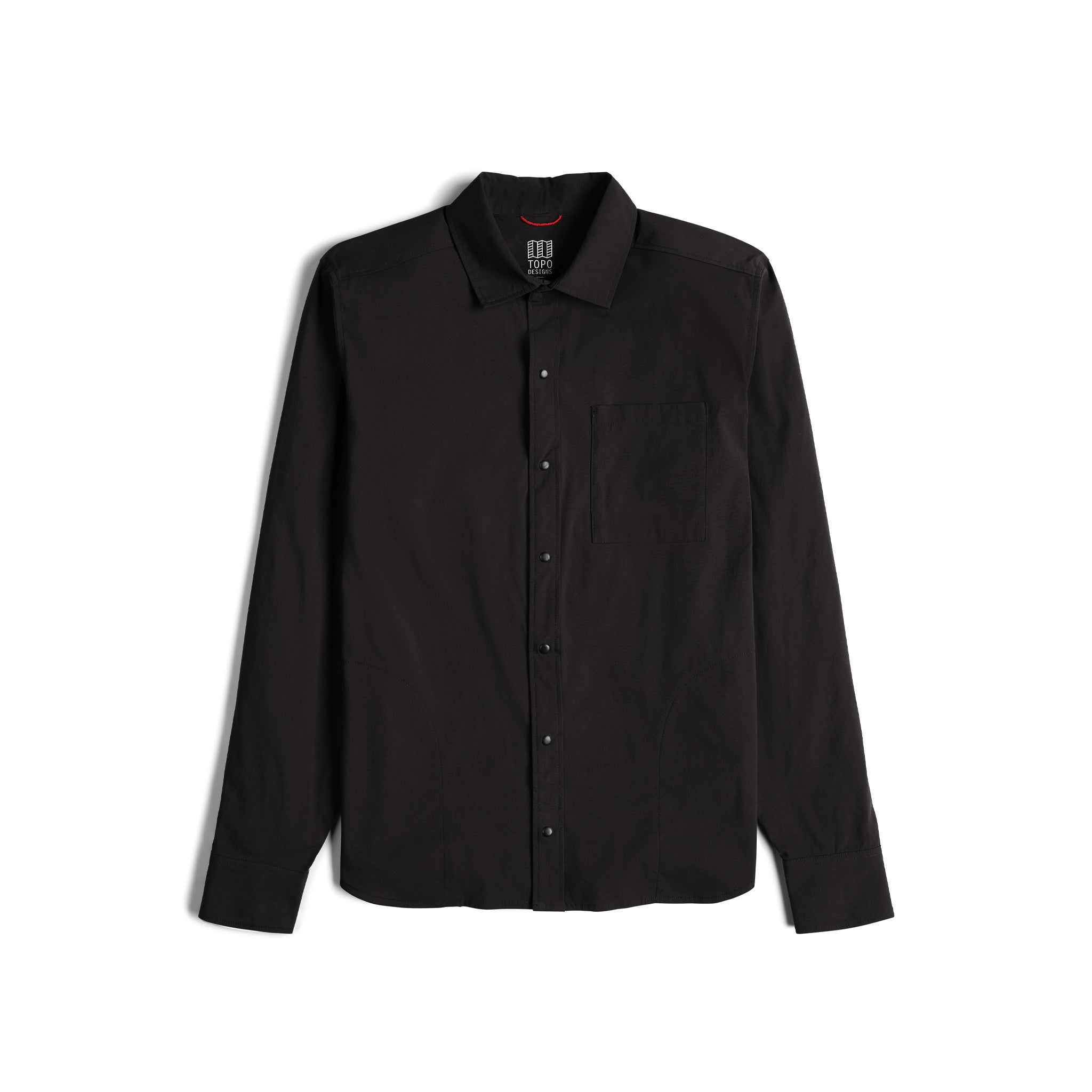 Topo Designs Men's Global Shirt long sleeve lightweight travel snap shirt in "Black".