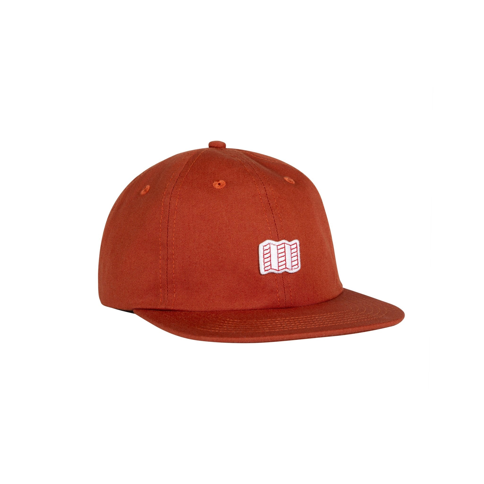 Full front product shot of the mini map hat in "Clay".