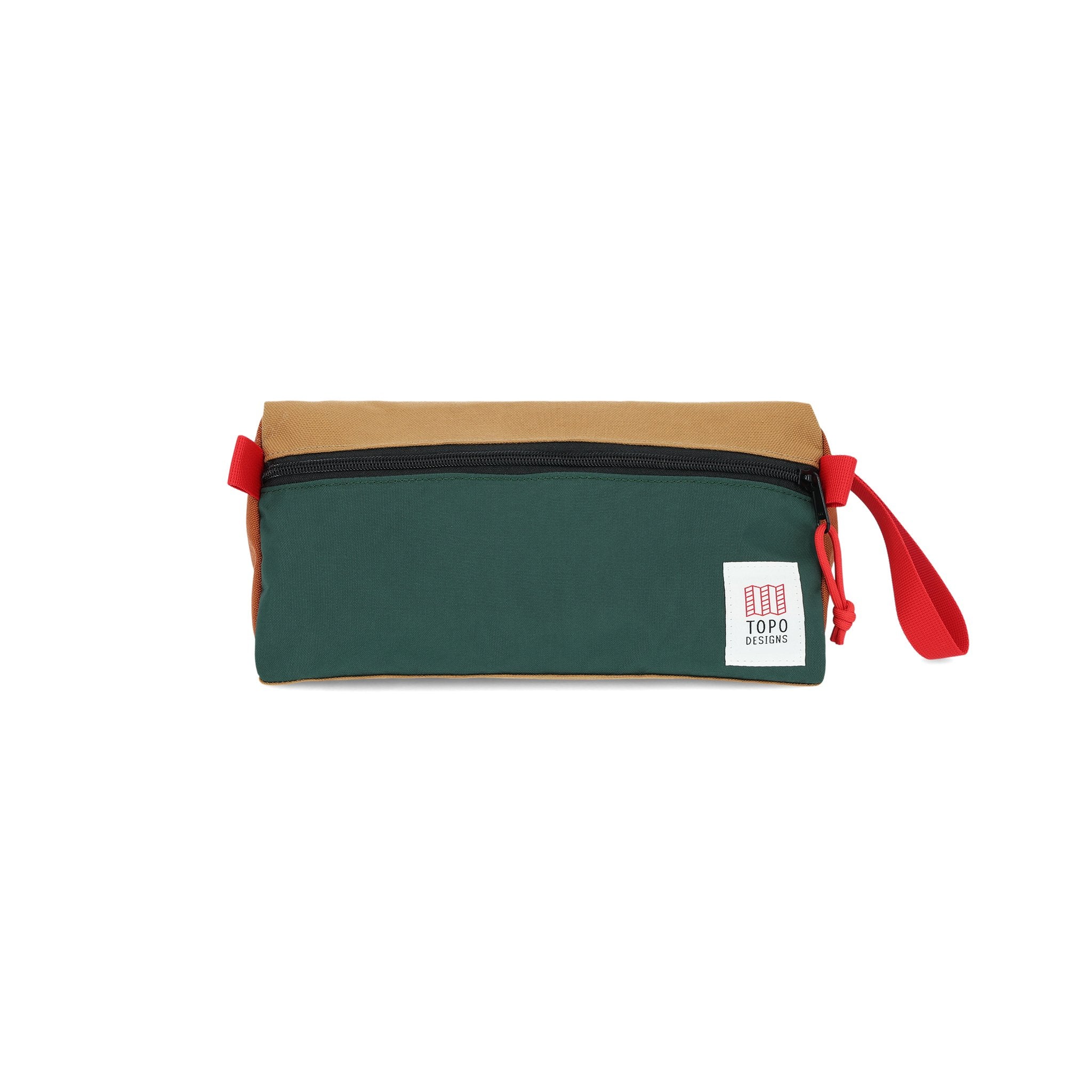 Topo Designs Dopp Kit toiletry travel bag in 100% recycled nylon Forest green & Khaki brown.