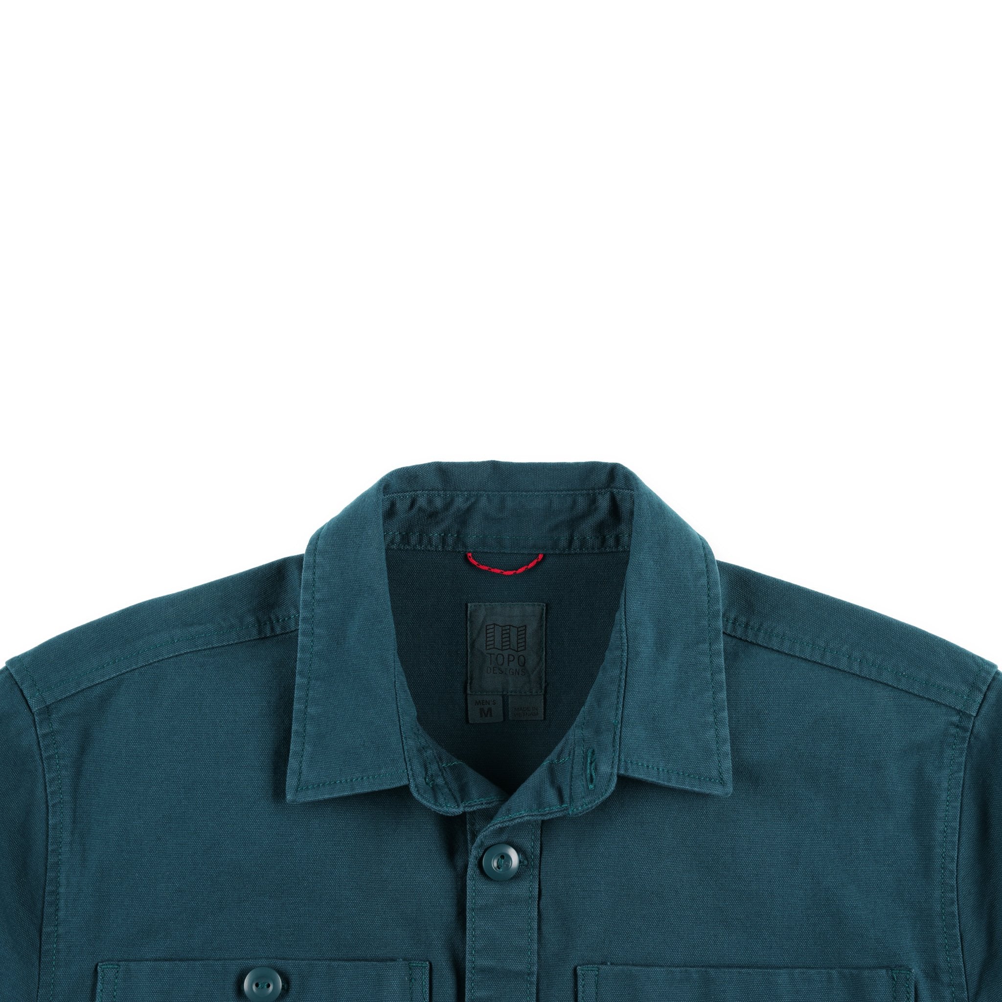 General shot of Topo Designs Men's Dirt shirt Jacket in Pond Blue showing collar, inside tag, & hang loop.