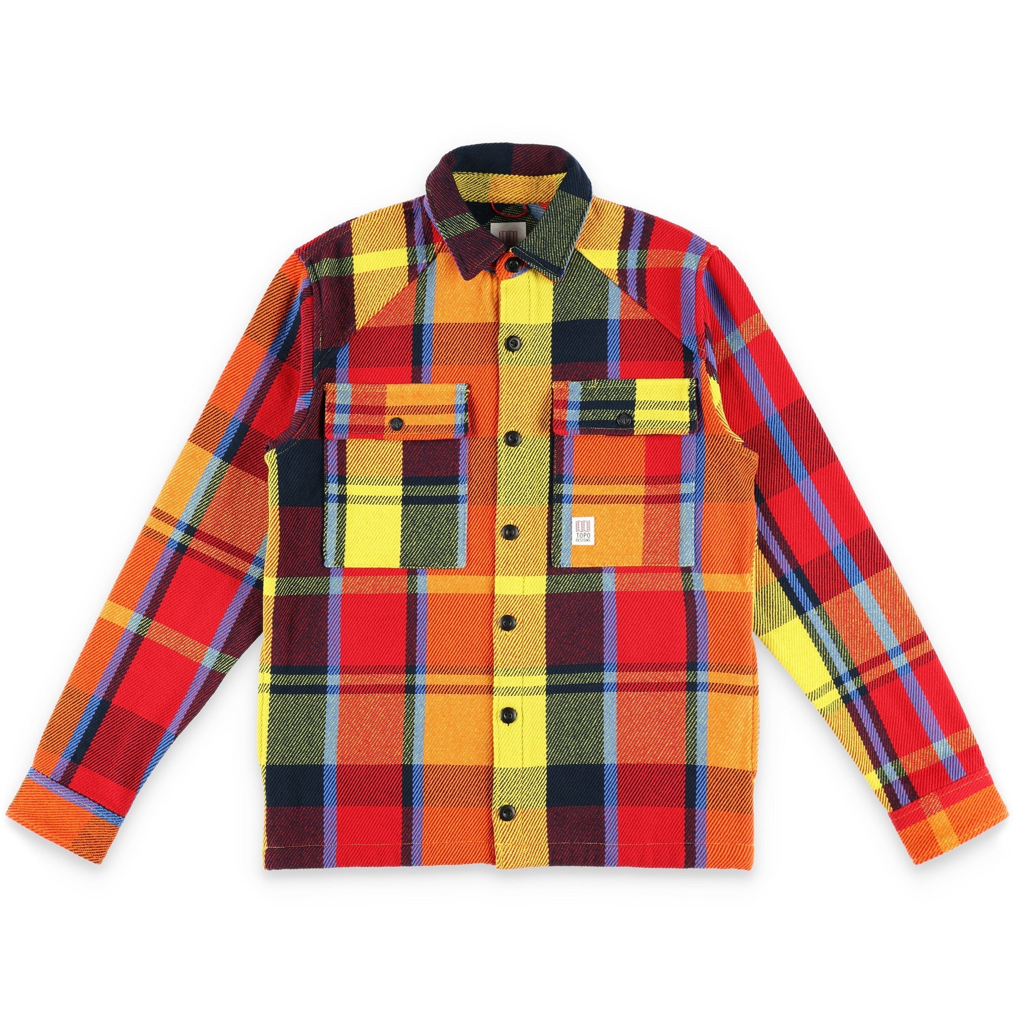 Topo Designs Men's Mountain Shirt Jacket in mustard yellow red plaid