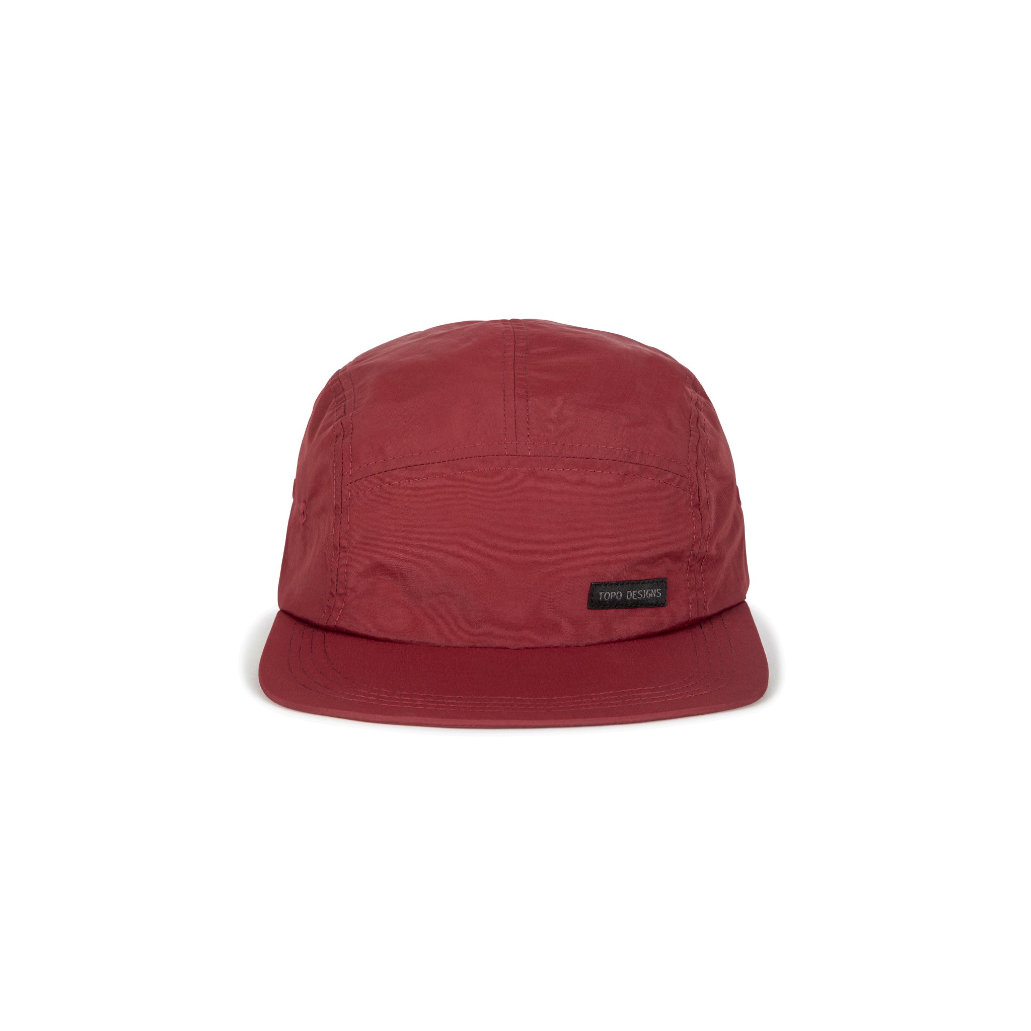 Topo Designs Nylon Camp 5-panel flat brim Hat in Burgundy red.