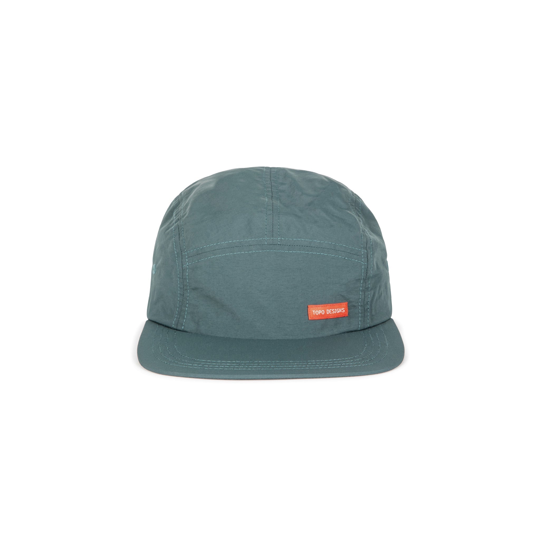 Topo Designs Nylon Camp 5-panel flat brim Hat in "Juniper" green.