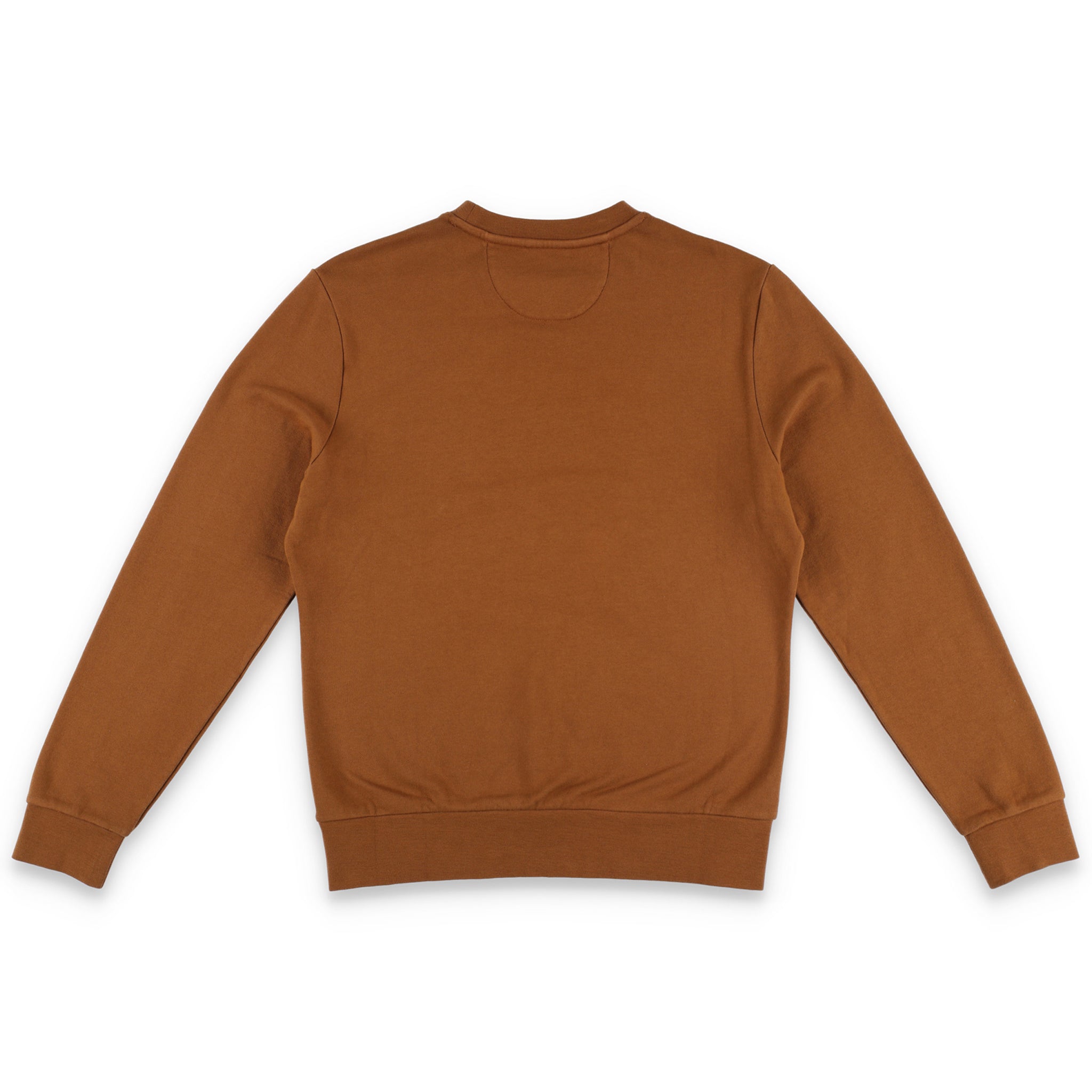 Back of Topo Designs Men's Dirt Crew sweatshirt in 100% organic cotton in "earth" brown