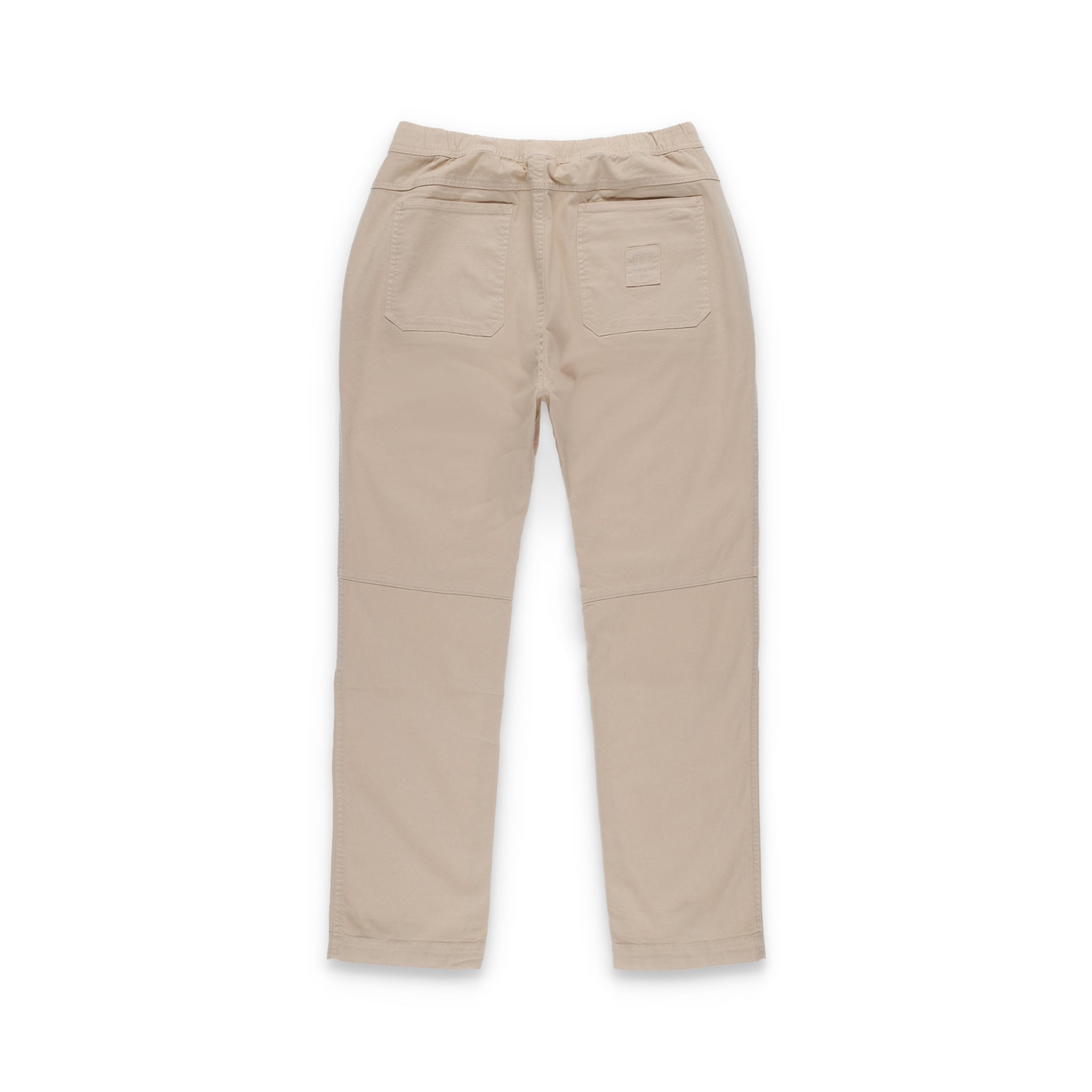 Back of Topo Designs Men's Dirt Pants 100% organic cotton drawstring waist in "sand" white brown.