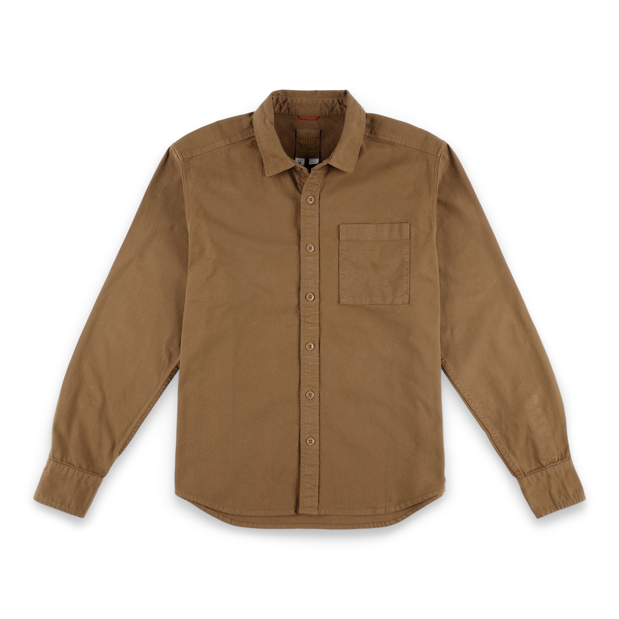 Topo Designs Men's Dirt Shirt long sleeve organic cotton button-up in "Dark Khaki" brown.