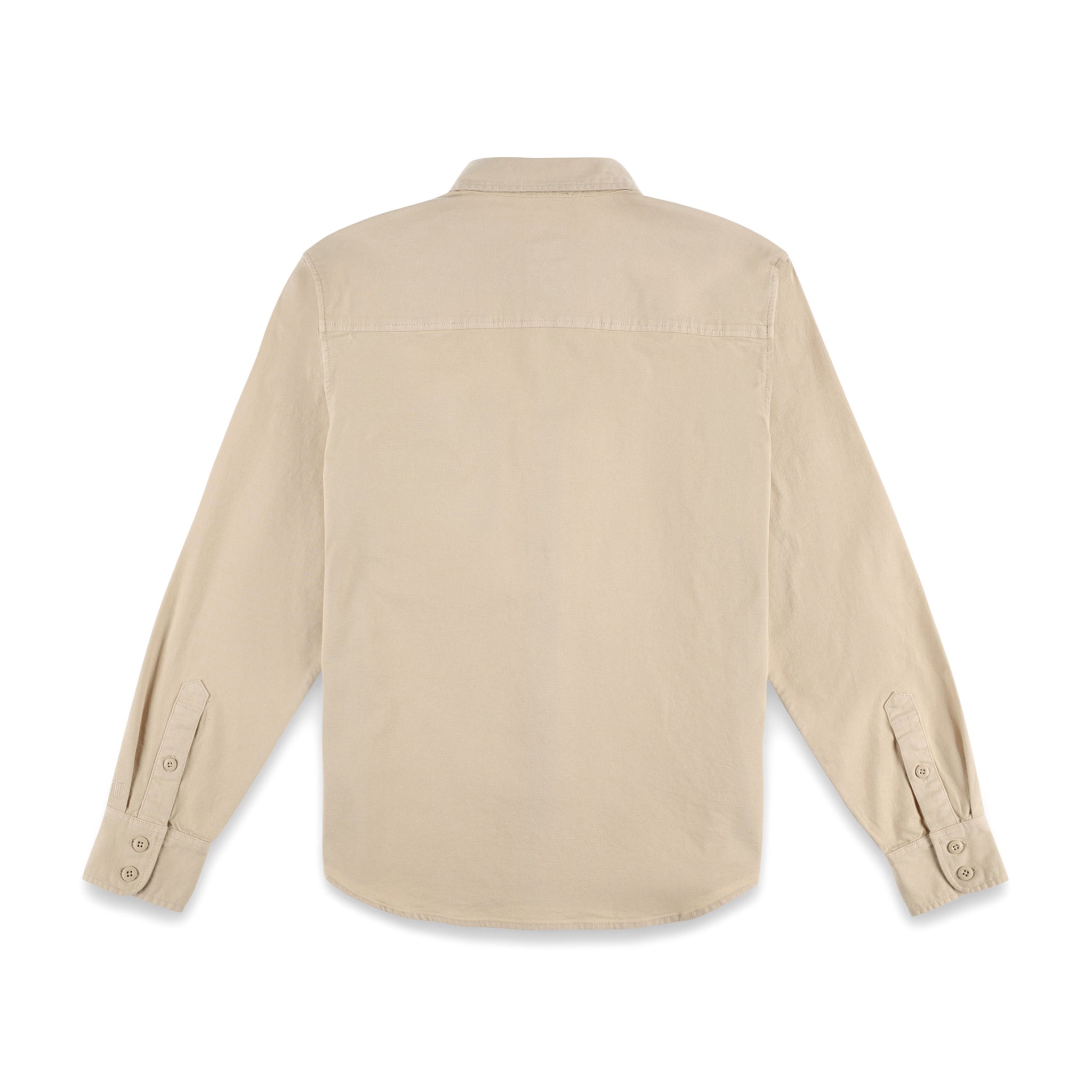 Back of Topo Designs Men's Dirt Shirt long sleeve organic cotton button-up in "Sand" brownish white.