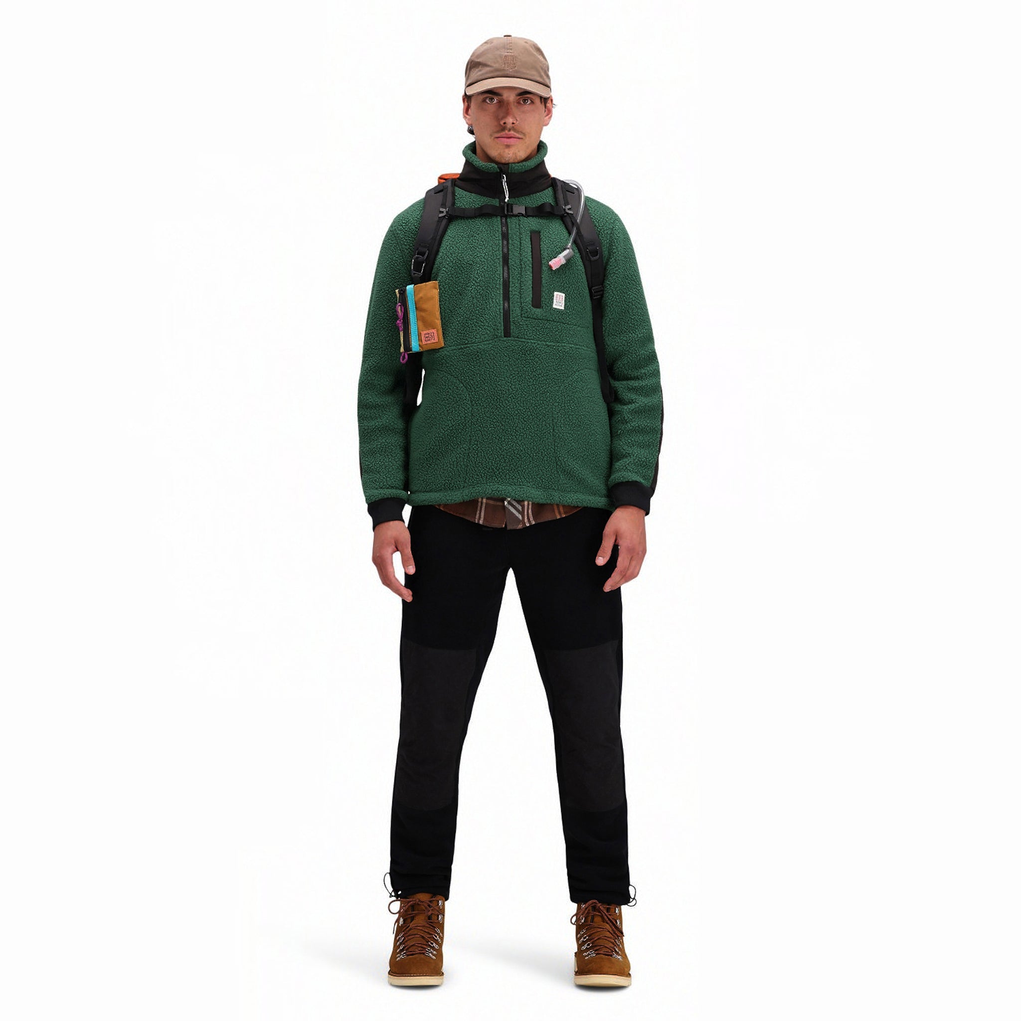 Front model shot of Topo Designs Men's Mountain Fleece Pullover in "Forest" green.