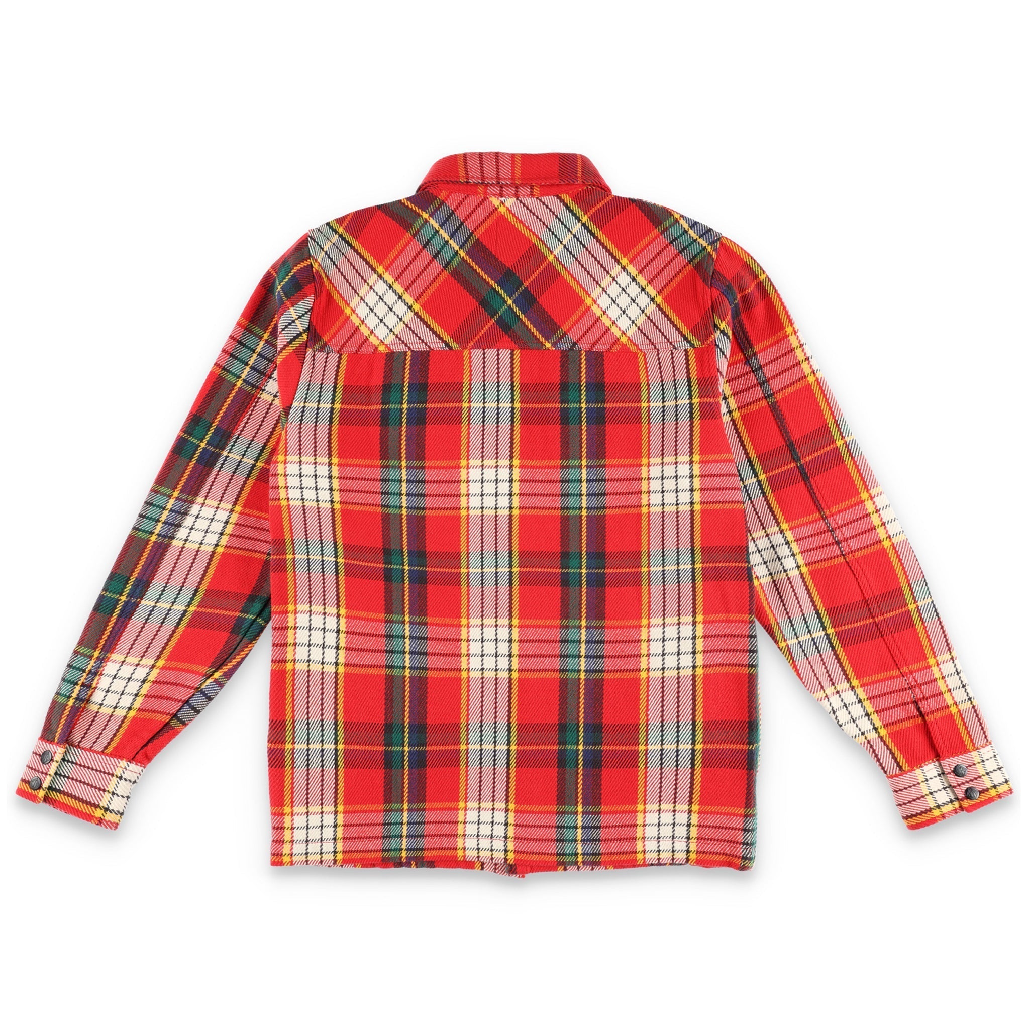 Back of Topo Designs Men's Mountain Shirt Jacket in "Red / Yellow Plaid"