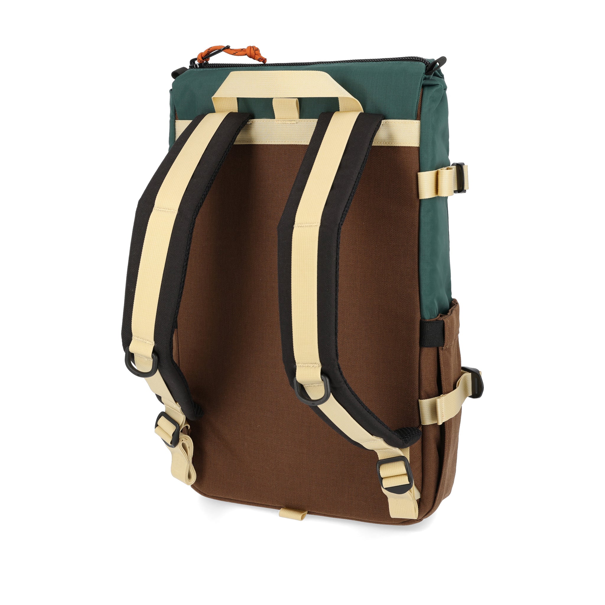 Back of Topo Designs Rover Pack Classic laptop backpack in recycled "Forest / Cocoa" green brown.