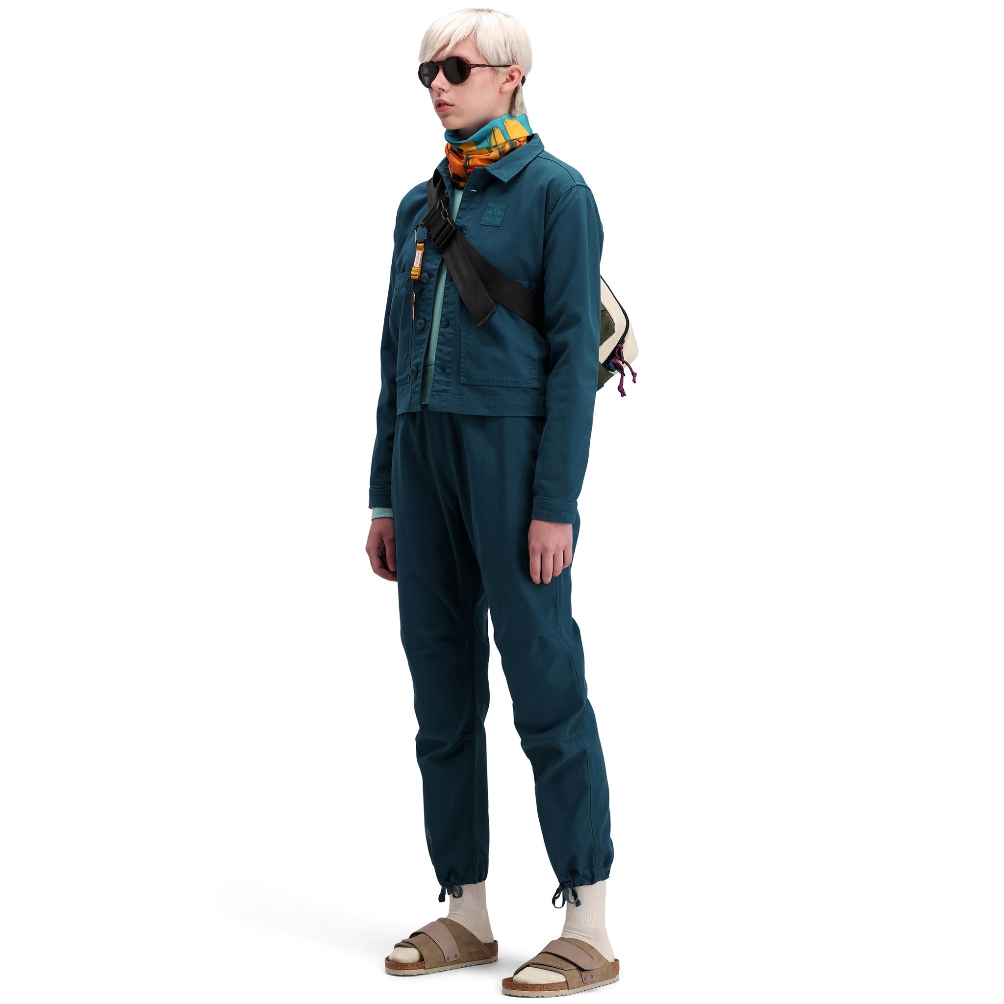 Front model shot of Topo Designs Women's Dirt Jacket 100% organic cotton shirt jacket in "pond blue"