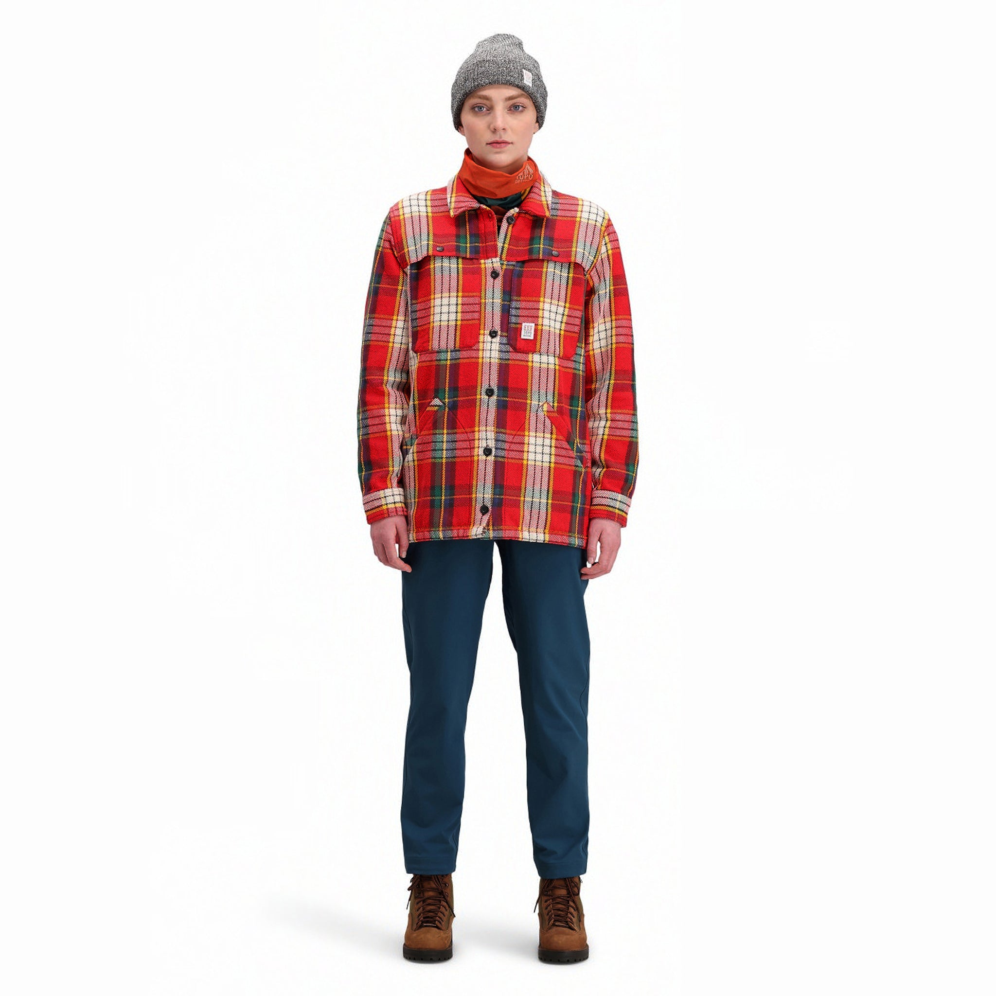 Front model shot of Topo Designs Women's Mountain Shirt Jacket in "red / yellow plaid". Show on  "brown / natural plaid"