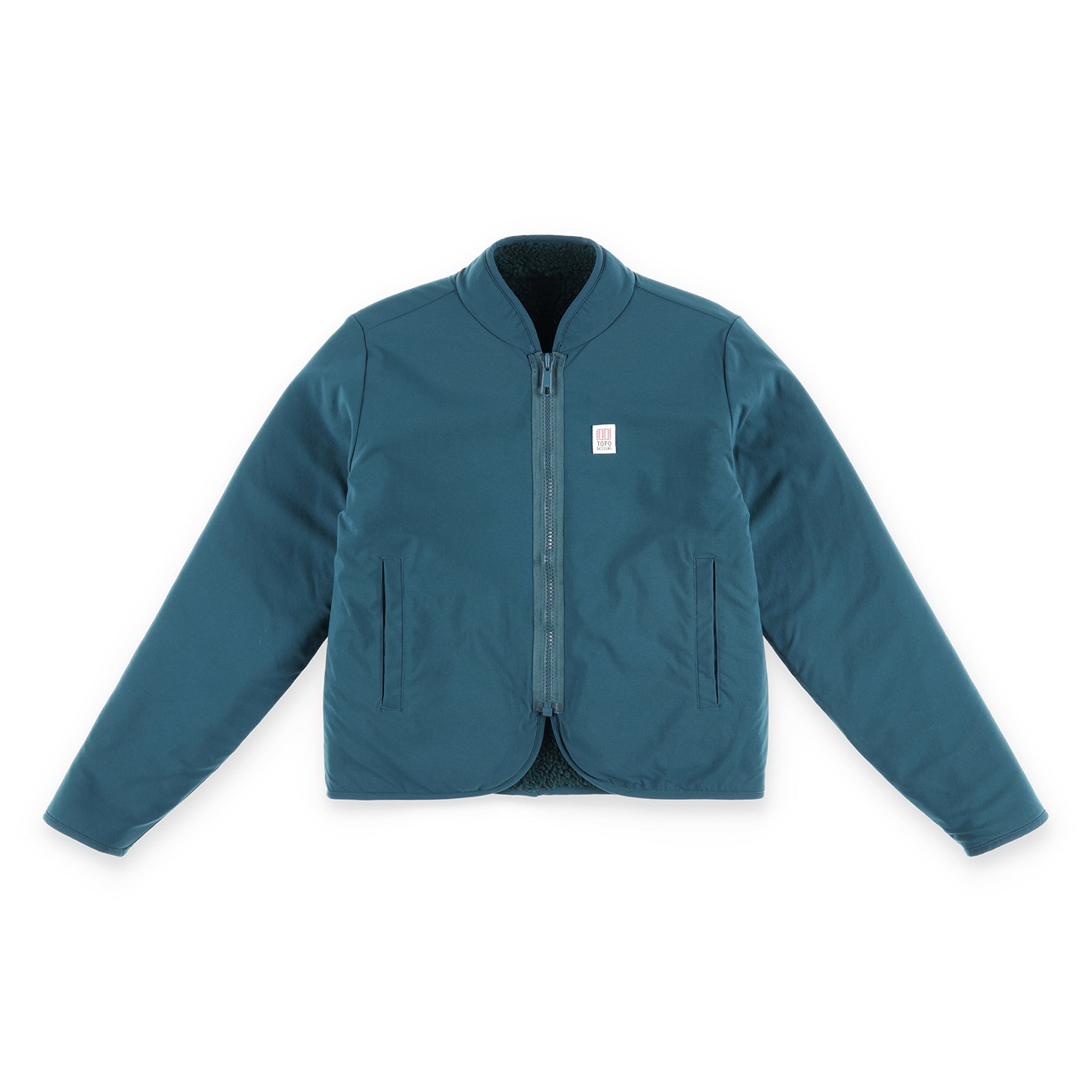 Topo Designs Women's sherpa fleece reversible jacket in "Pond Blue" showing DWR side