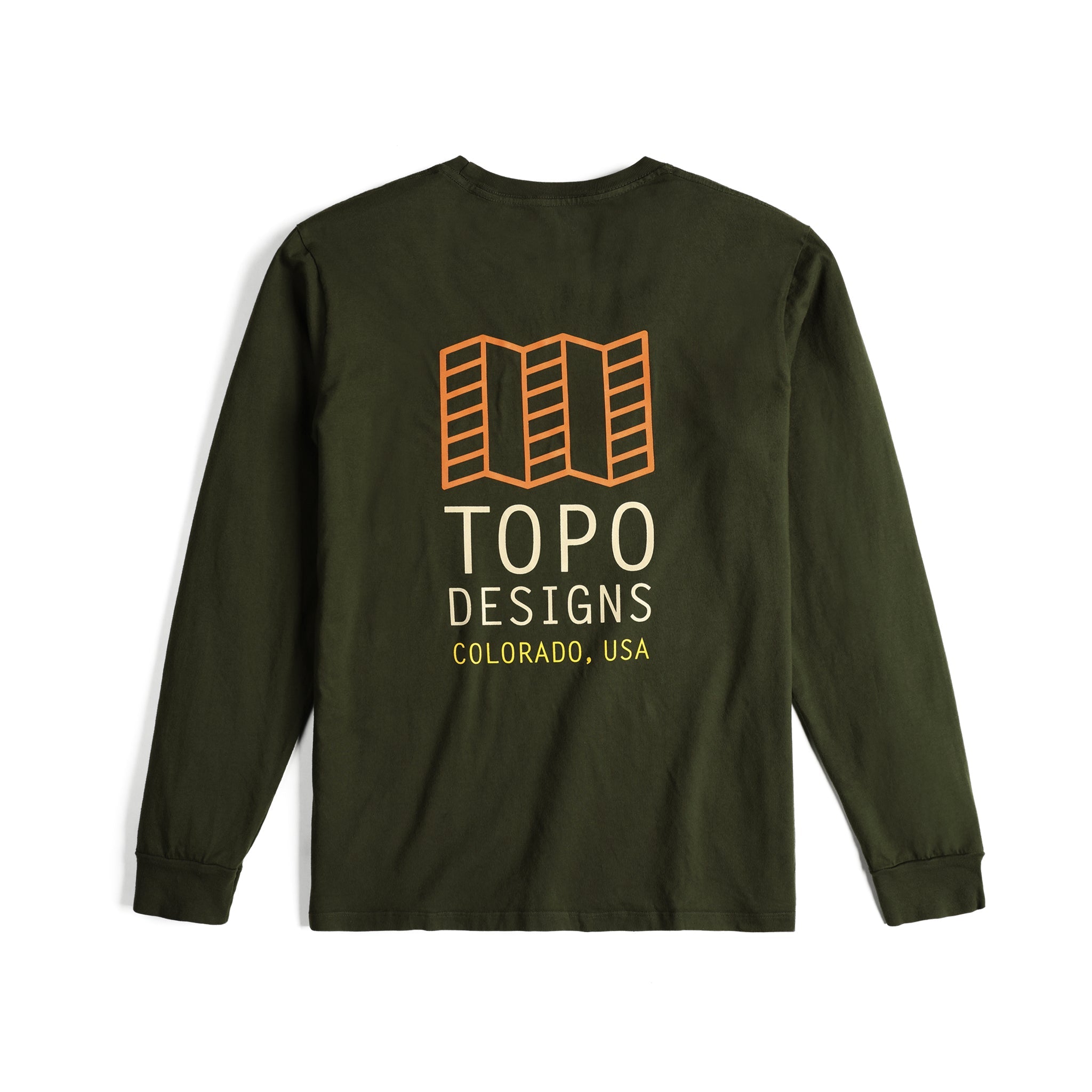 Topo Designs Men's Large Logo Tee 100% organic cotton long sleeve t-shirt in "olive"