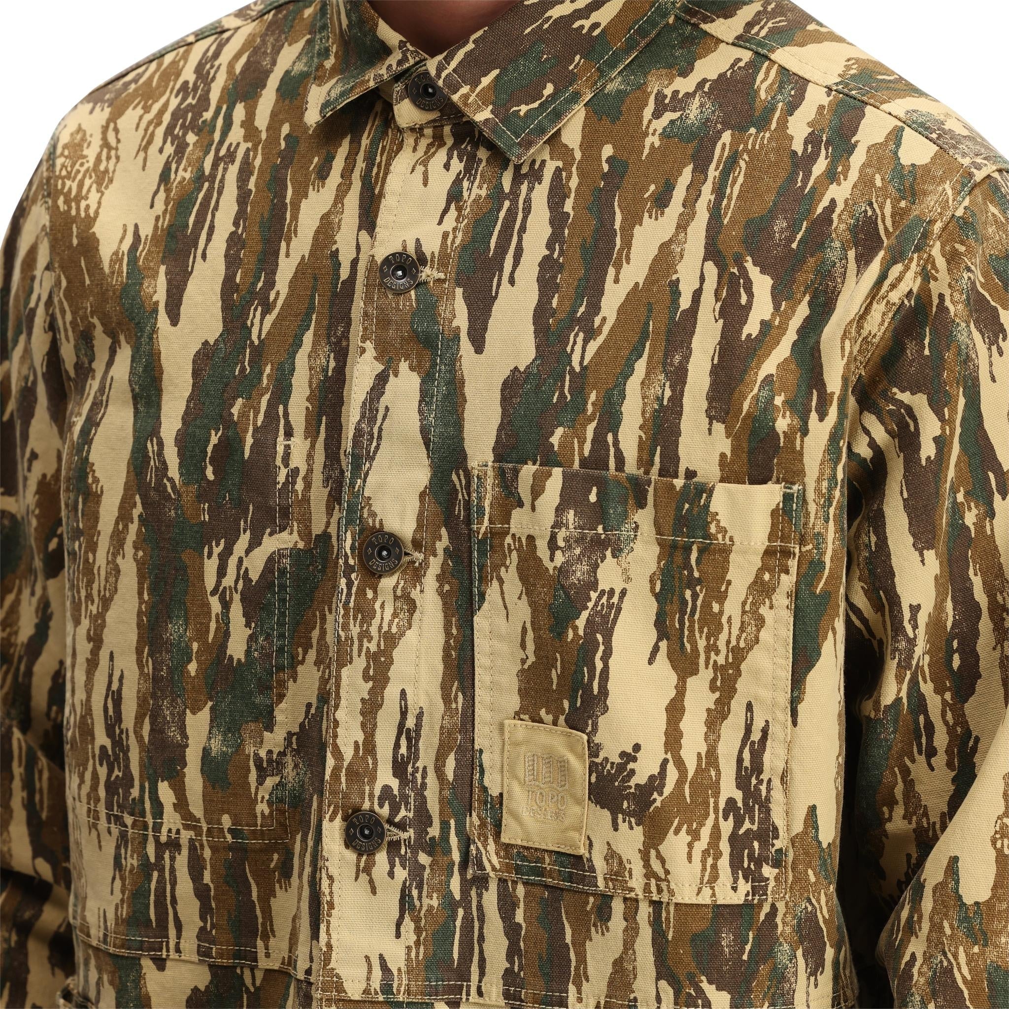 Detail shot of Topo Designs Dirt Utility Jacket - Men's  in "Dirt Camo Print"