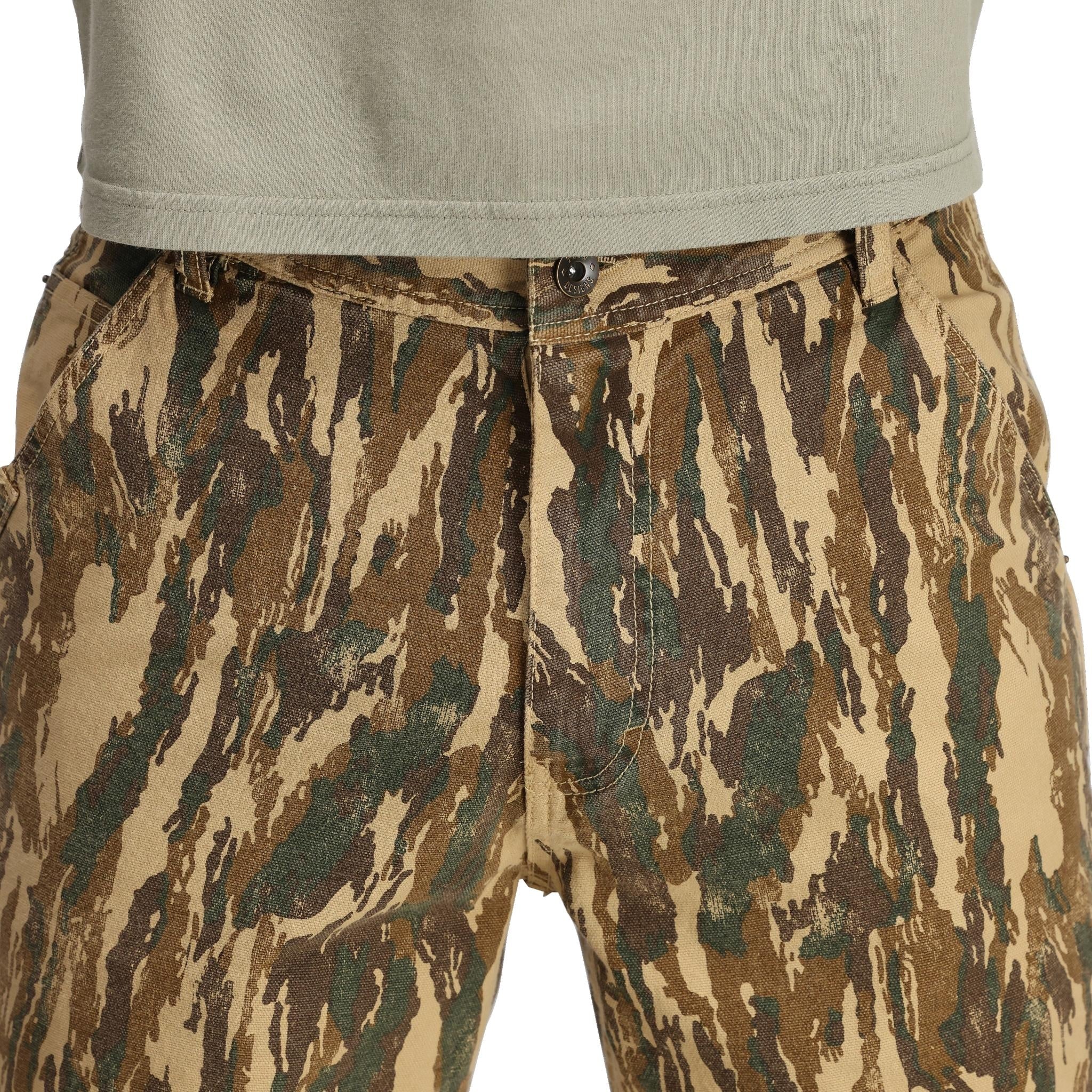 Detail shot of Topo Designs Dirt Utility Pants - Men's  in "Dirt Camo Print"