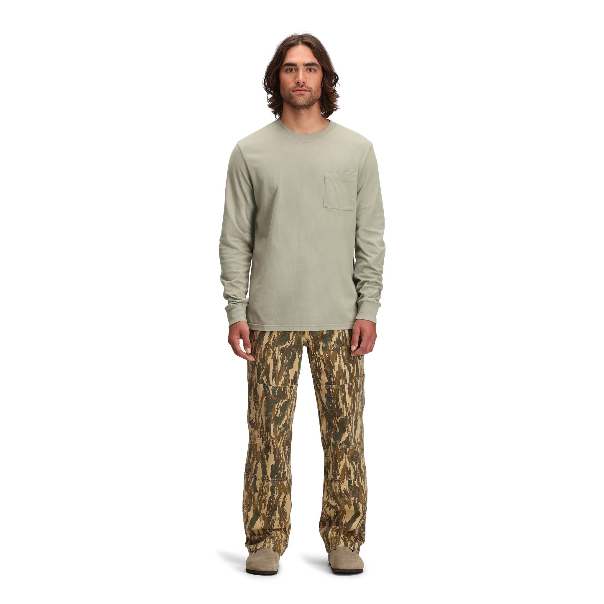 General front model shot of Topo Designs Dirt Utility Pants - Men's  in "Dirt Camo Print"