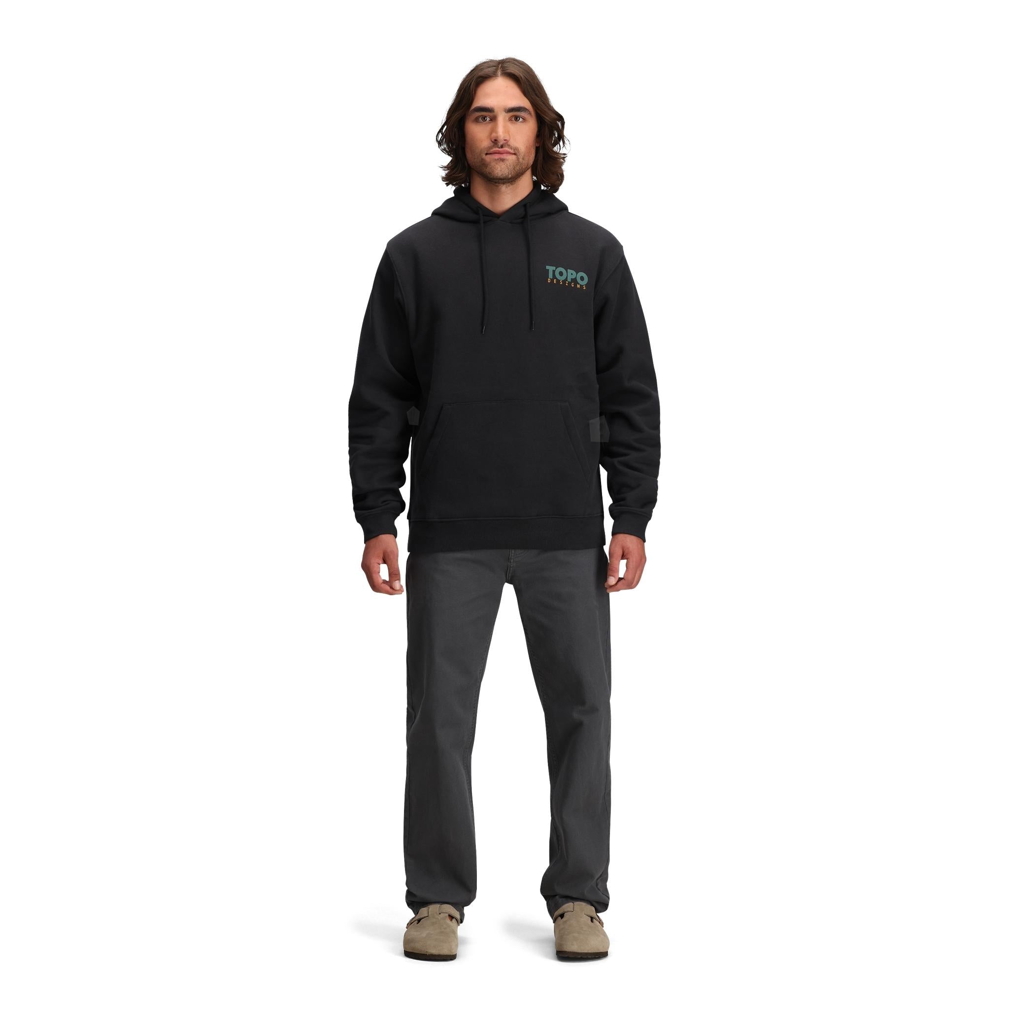 General front model shot of Topo Designs Alpine High Hoodie - Pinnacle in "Black"