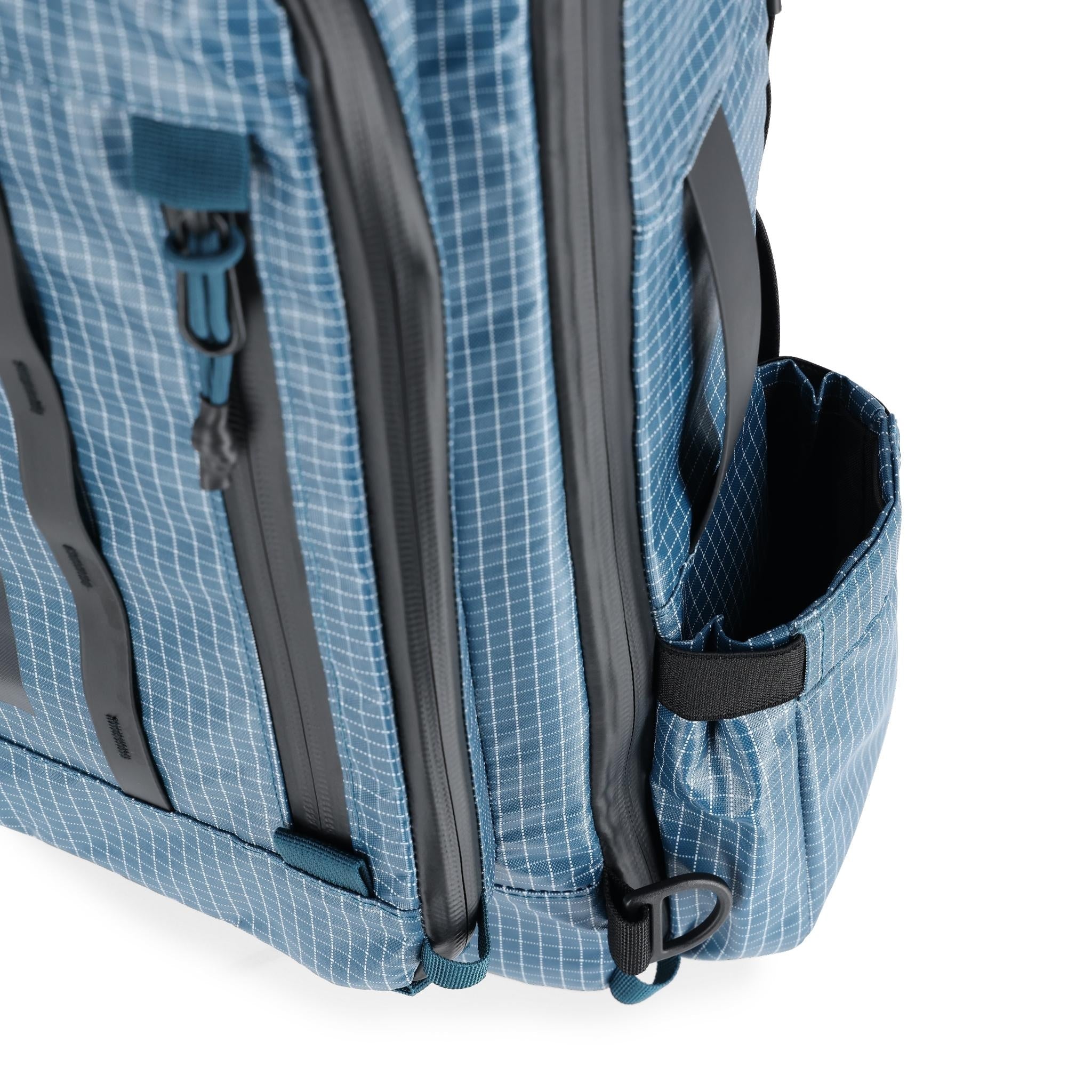 Detail shot of Topo Designs Apex Travel Bag 30L  in "Pond Blue"