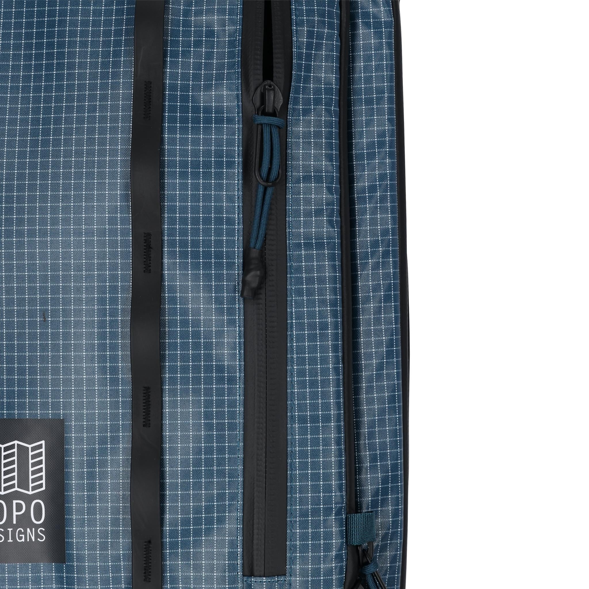 Detail shot of Topo Designs Apex Travel Roller Bag in "Pond Blue"