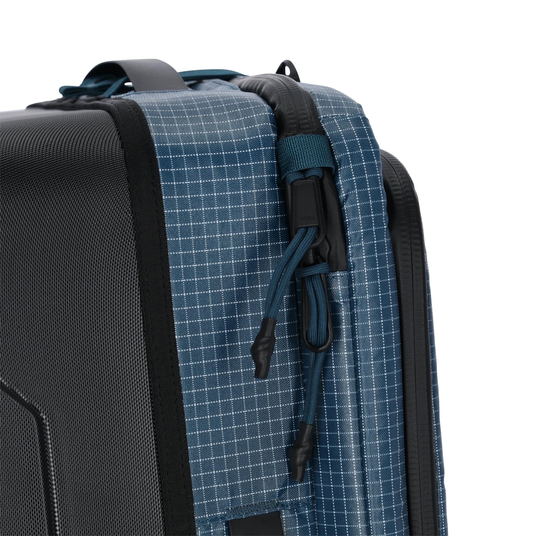 Detail shot of Topo Designs Apex Travel Roller Bag in "Pond Blue"