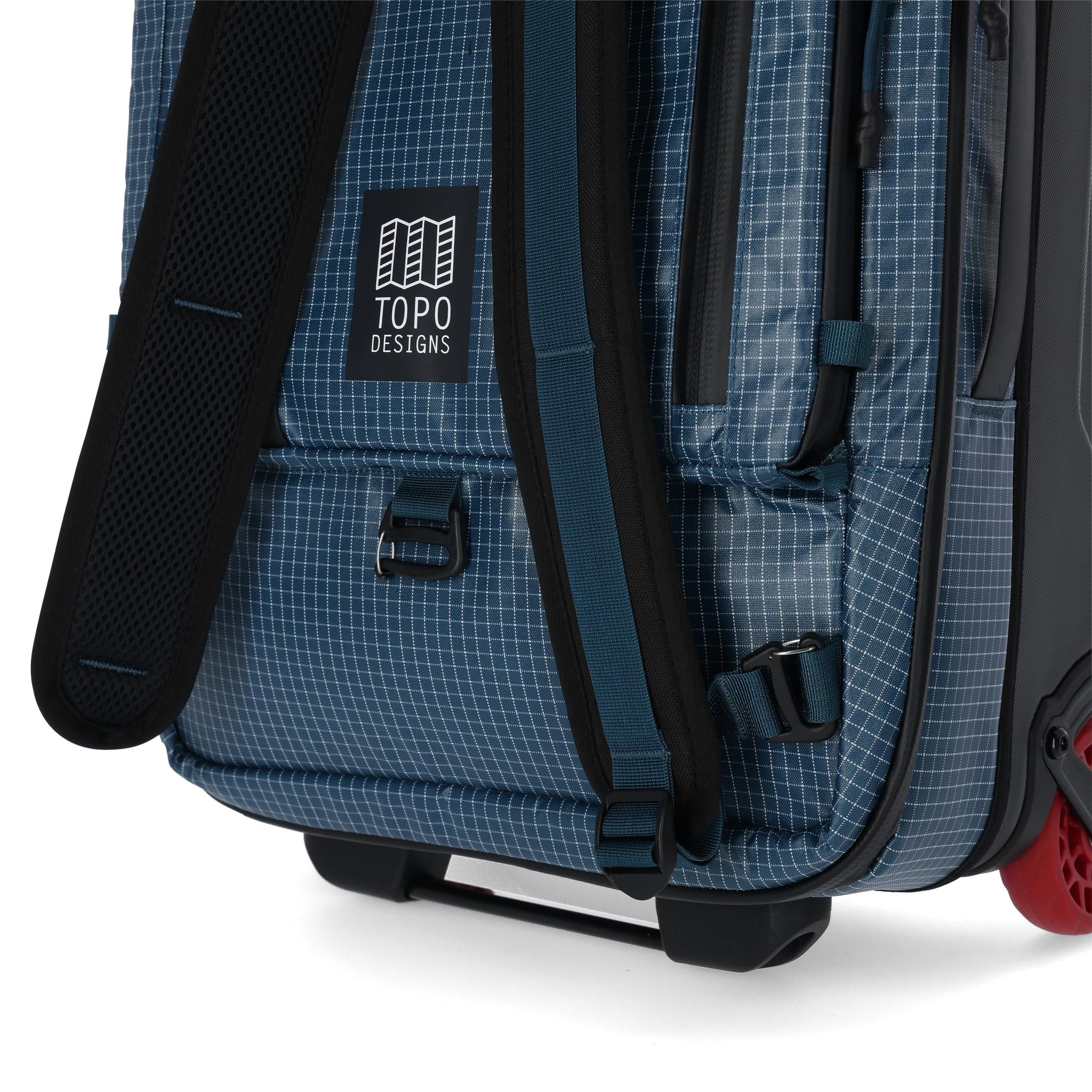 Detail shot of Topo Designs Apex Travel Roller Bag in "Pond Blue"