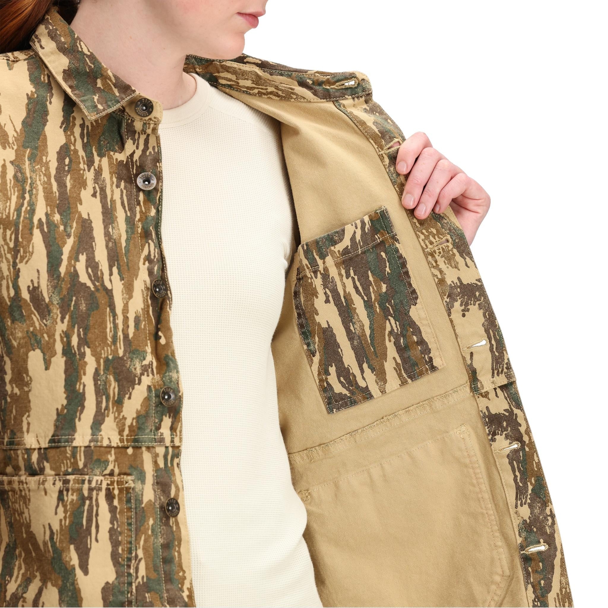 Detail shot of Topo Designs Dirt Utility Jacket - Women's  in "Dirt Camo Print"