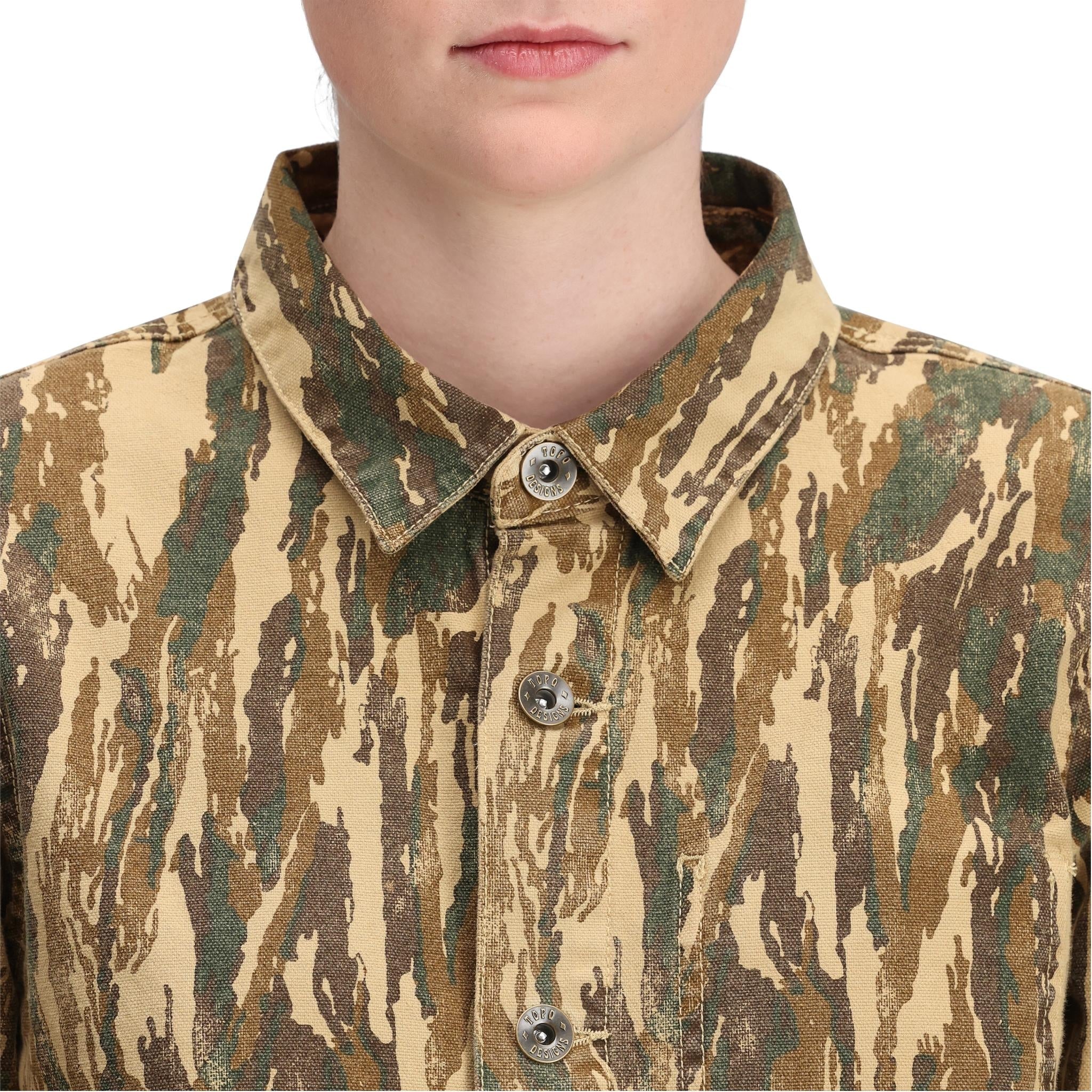 Detail shot of Topo Designs Dirt Utility Jacket - Women's  in "Dirt Camo Print"