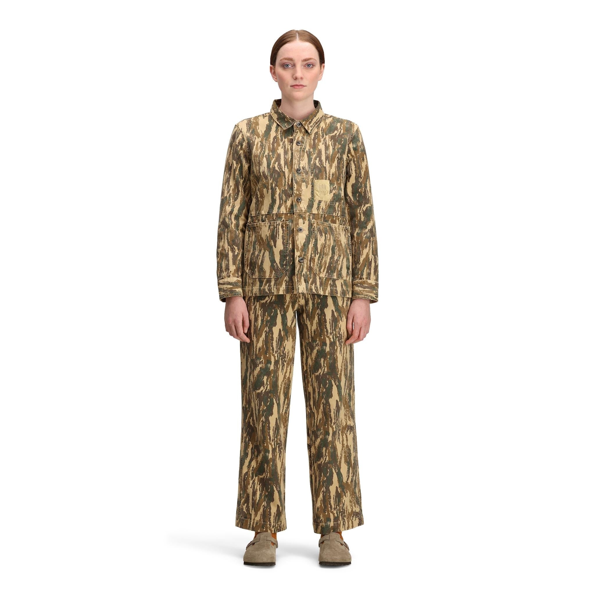 General front model shot of Topo Designs Dirt Utility Jacket - Women's  in "Dirt Camo Print"