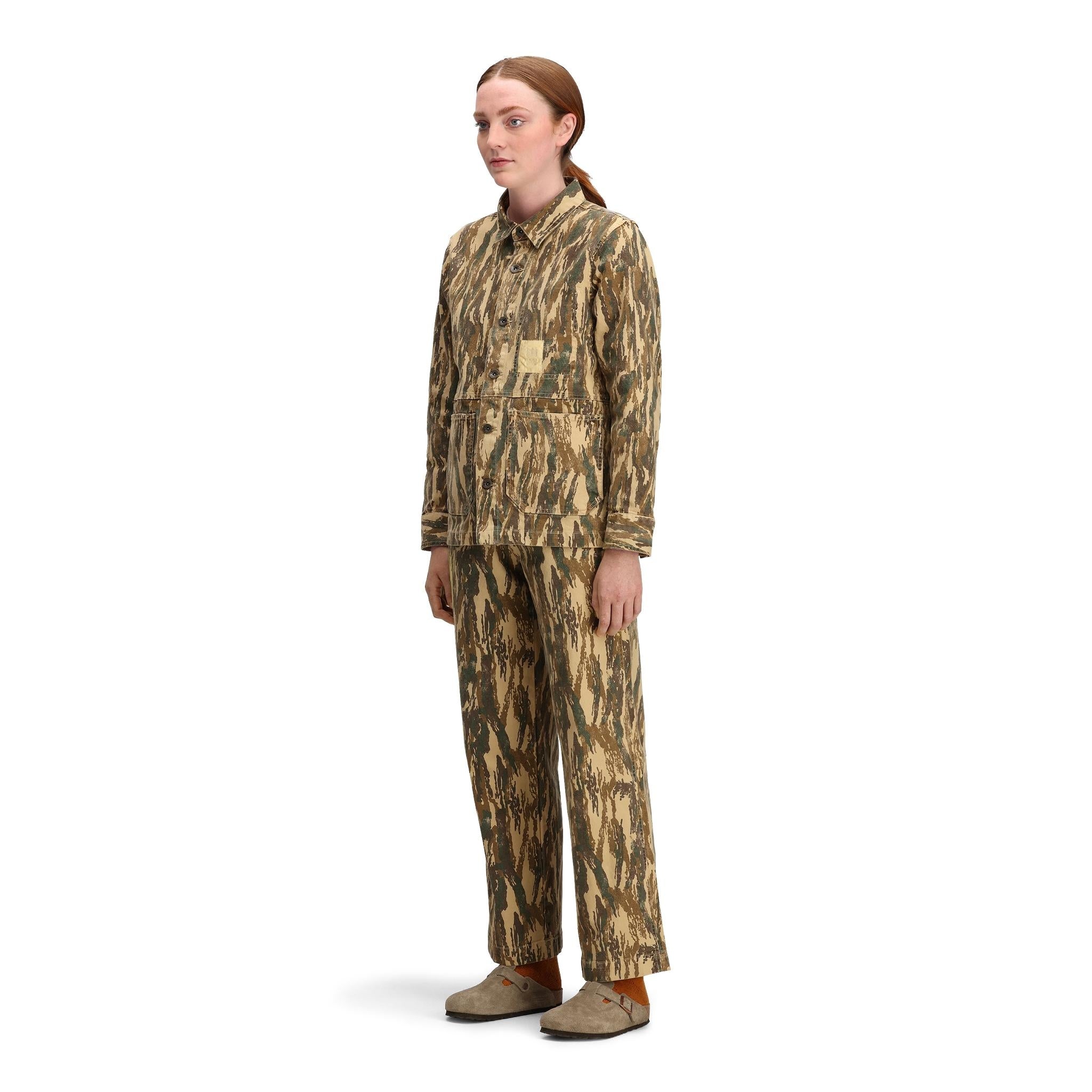 General side model shot of Topo Designs Dirt Utility Jacket - Women's  in "Dirt Camo Print"