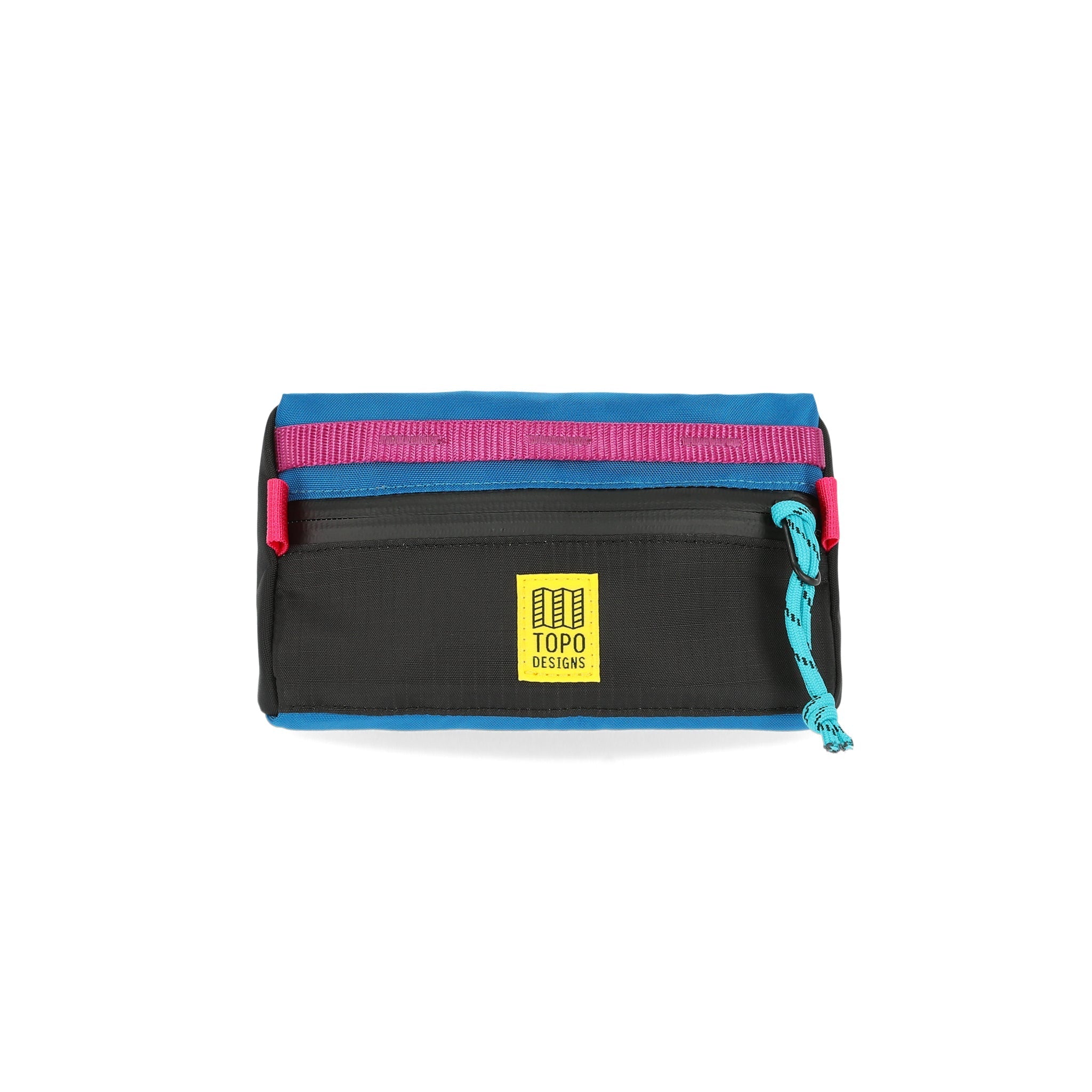 Topo Designs Bike Bag Mini Mountain bicycle handlebar bag in "Black / Blue" lightweight recycled nylon.