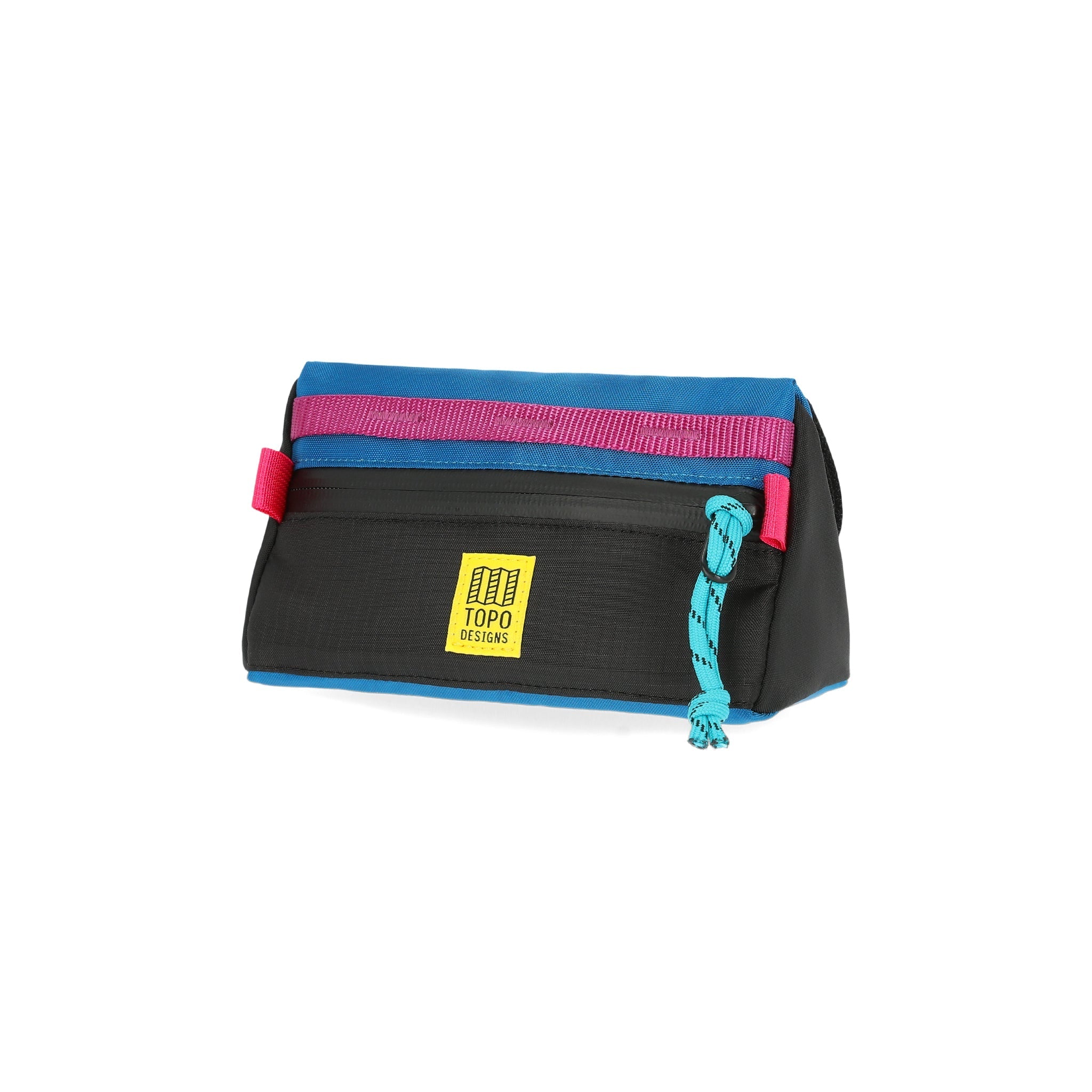 Topo Designs Bike Bag Mini Mountain bicycle handlebar bag in "Black / Blue" lightweight recycled nylon.