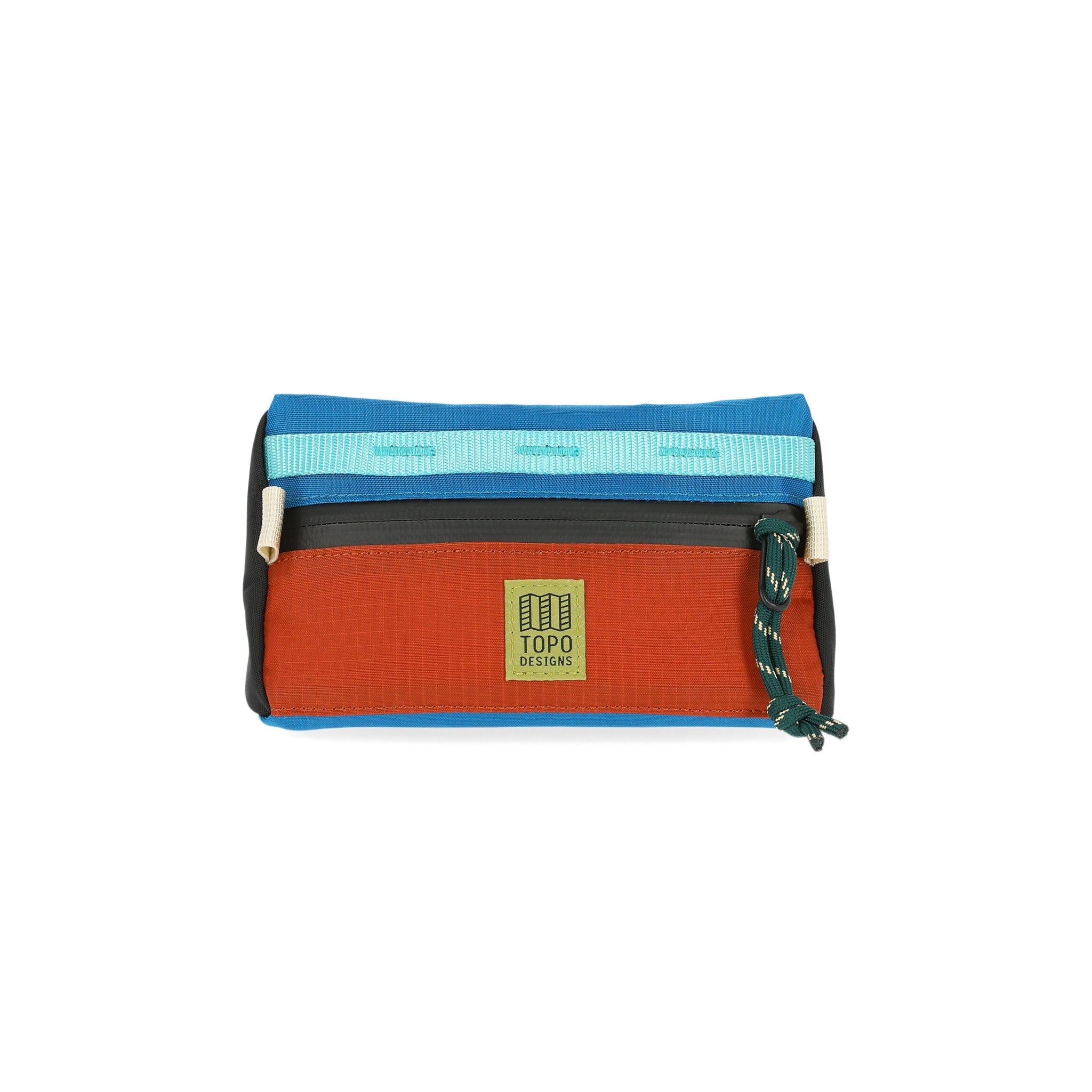 Topo Designs Bike Bag Mini Mountain bicycle handlebar bag in "Clay / Blue" lightweight recycled nylon.