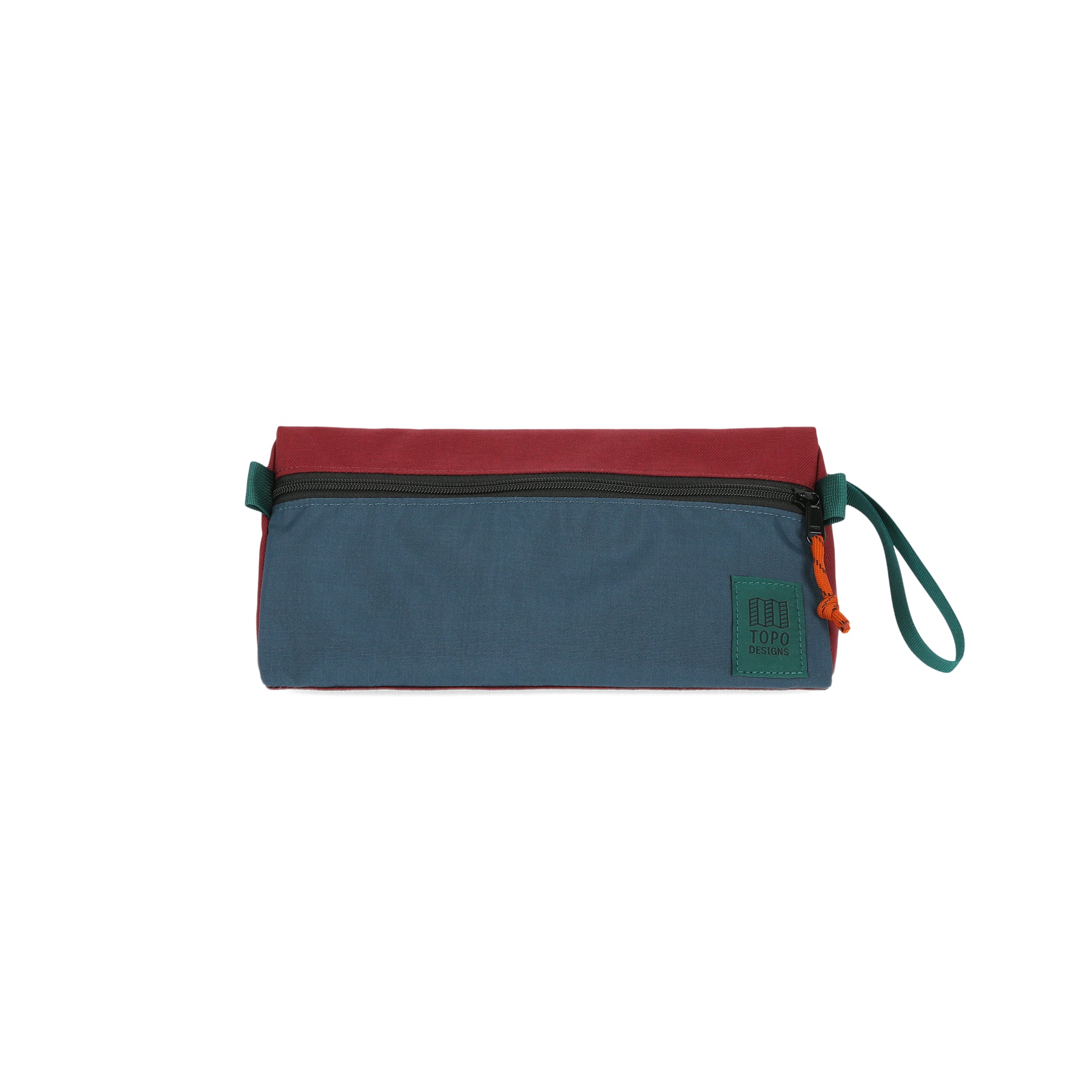 Topo Designs Dopp Kit toiletry travel bag in recycled pond blue zinfandel red nylon.