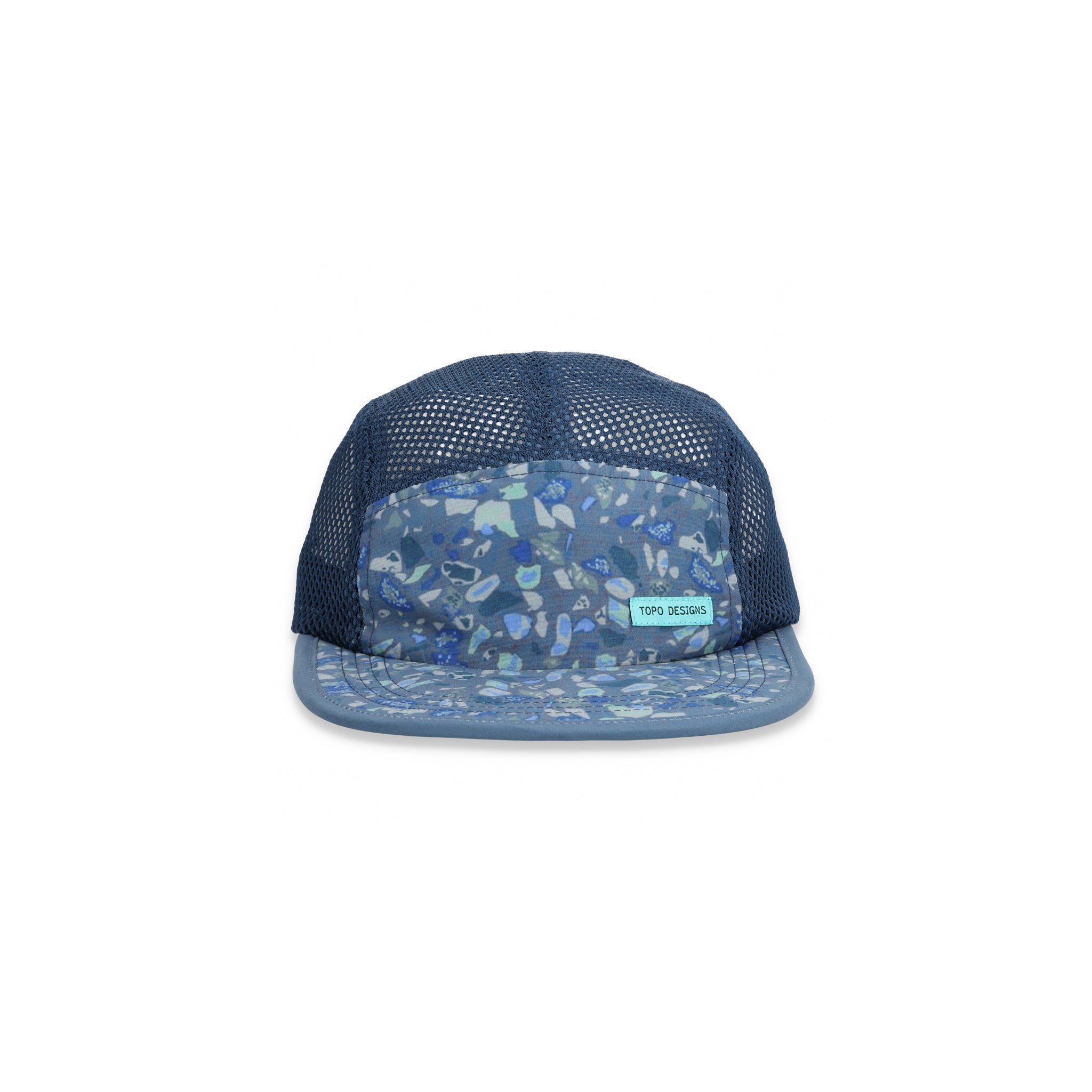 Topo Designs Global mesh back Hat in blue terrazzo print. Unstructured 5-panel flexible brim packable hat.