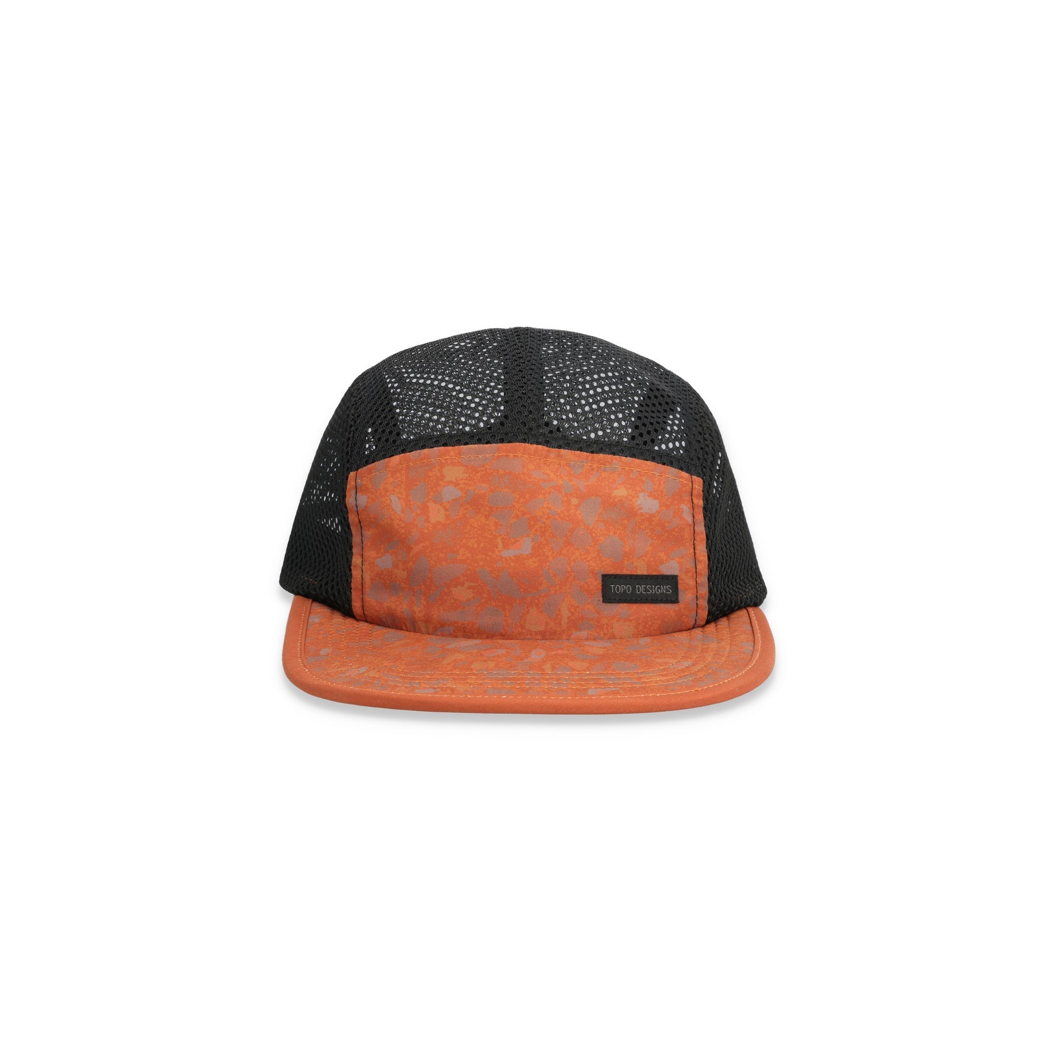 Topo Designs Global mesh back Hat in clay orange terrazzo print. Unstructured 5-panel flexible brim packable hat.