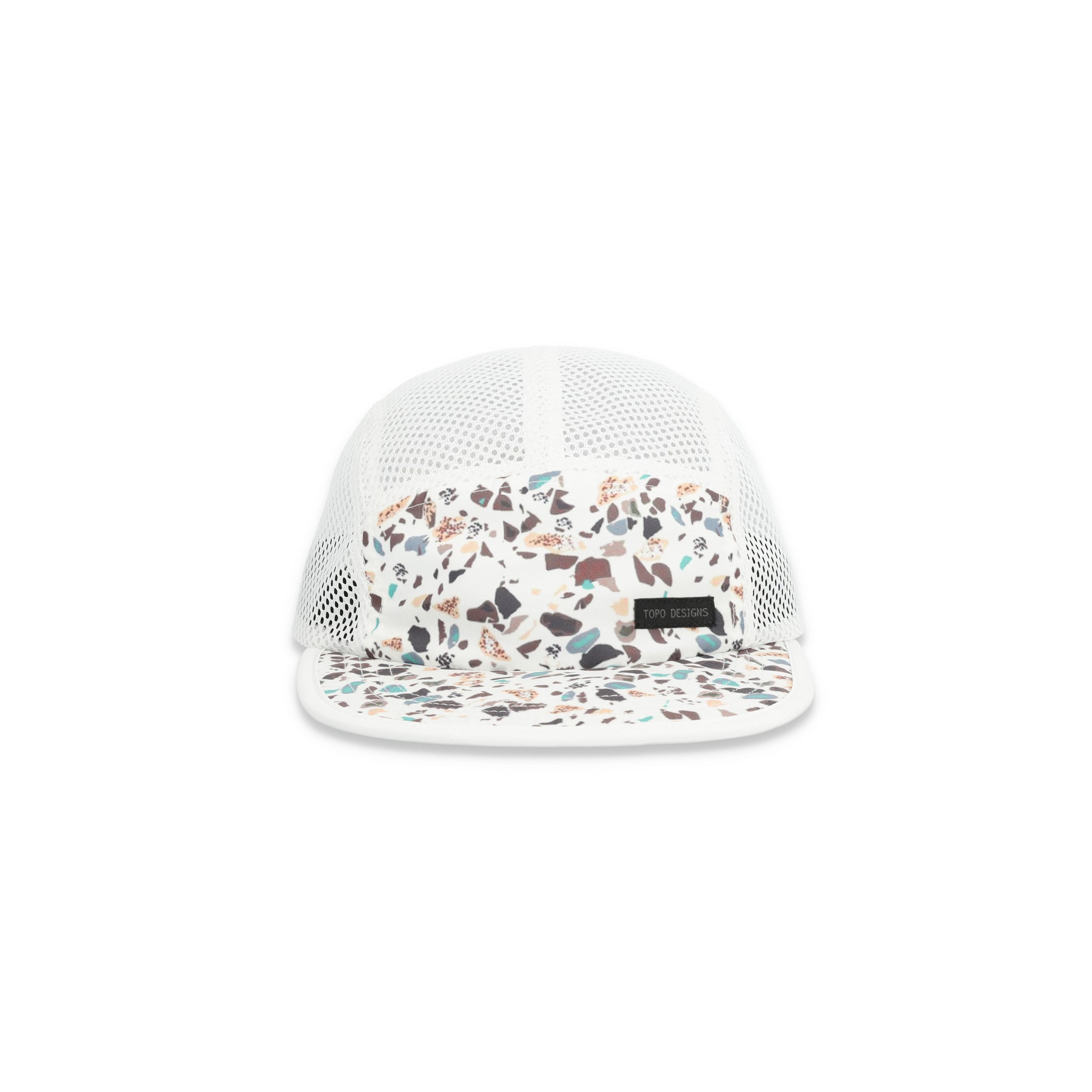 Topo Designs Global mesh back Hat in natural white terrazzo print. Unstructured 5-panel flexible brim packable hat.