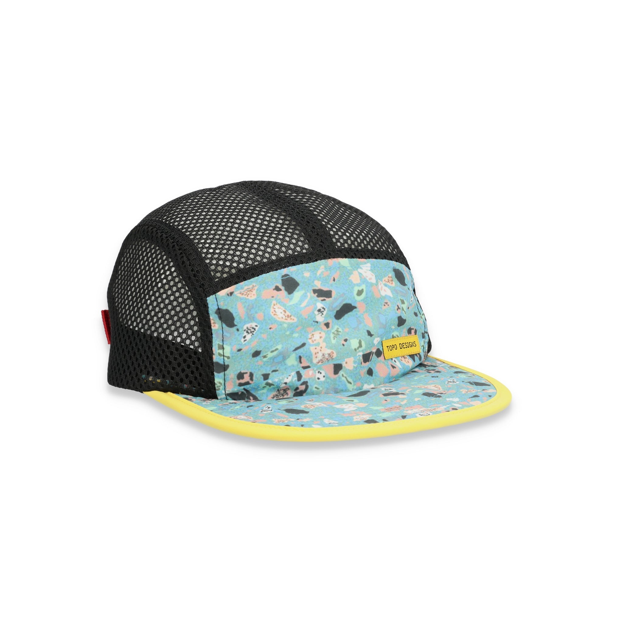 Topo Designs Global mesh back Hat in turquoise blue terrazzo print. Unstructured 5-panel flexible brim packable hat.