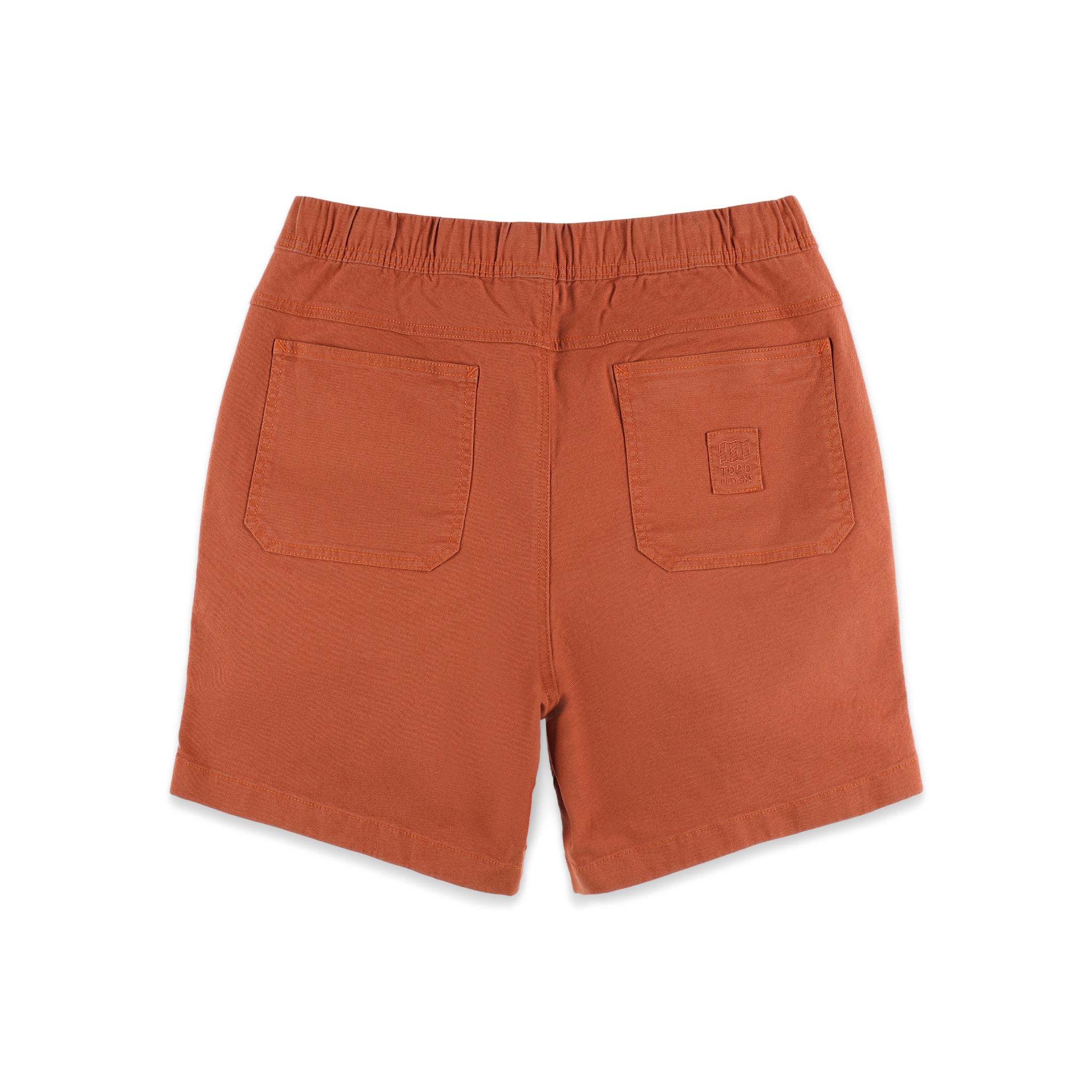 Back pockets on Topo Designs Men's drawstring Dirt Shorts 100% organic cotton in "Brick" orange.