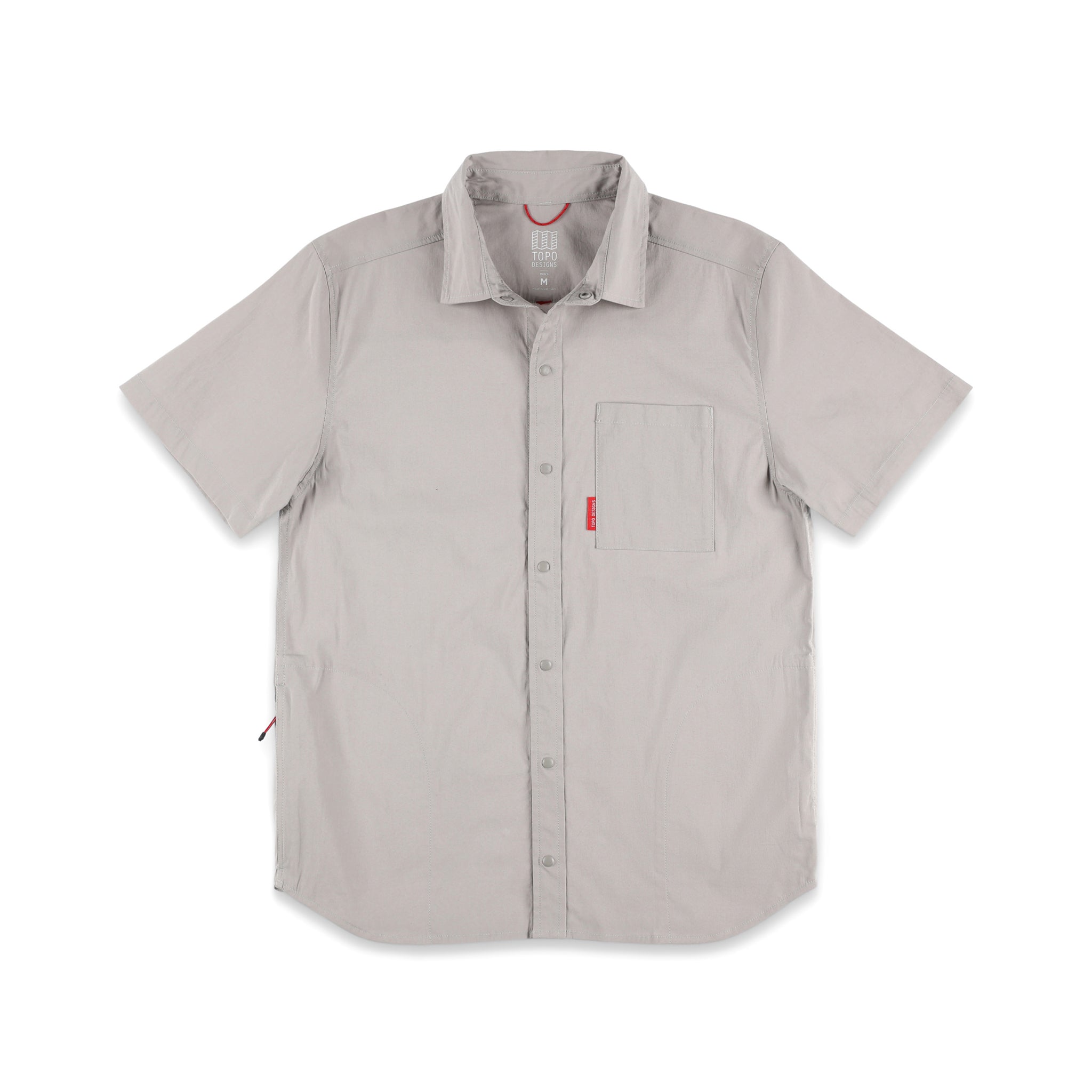 Topo Designs Men's Global Shirt Short Sleeve 30+ UPF rated travel shirt in "Light Gray".