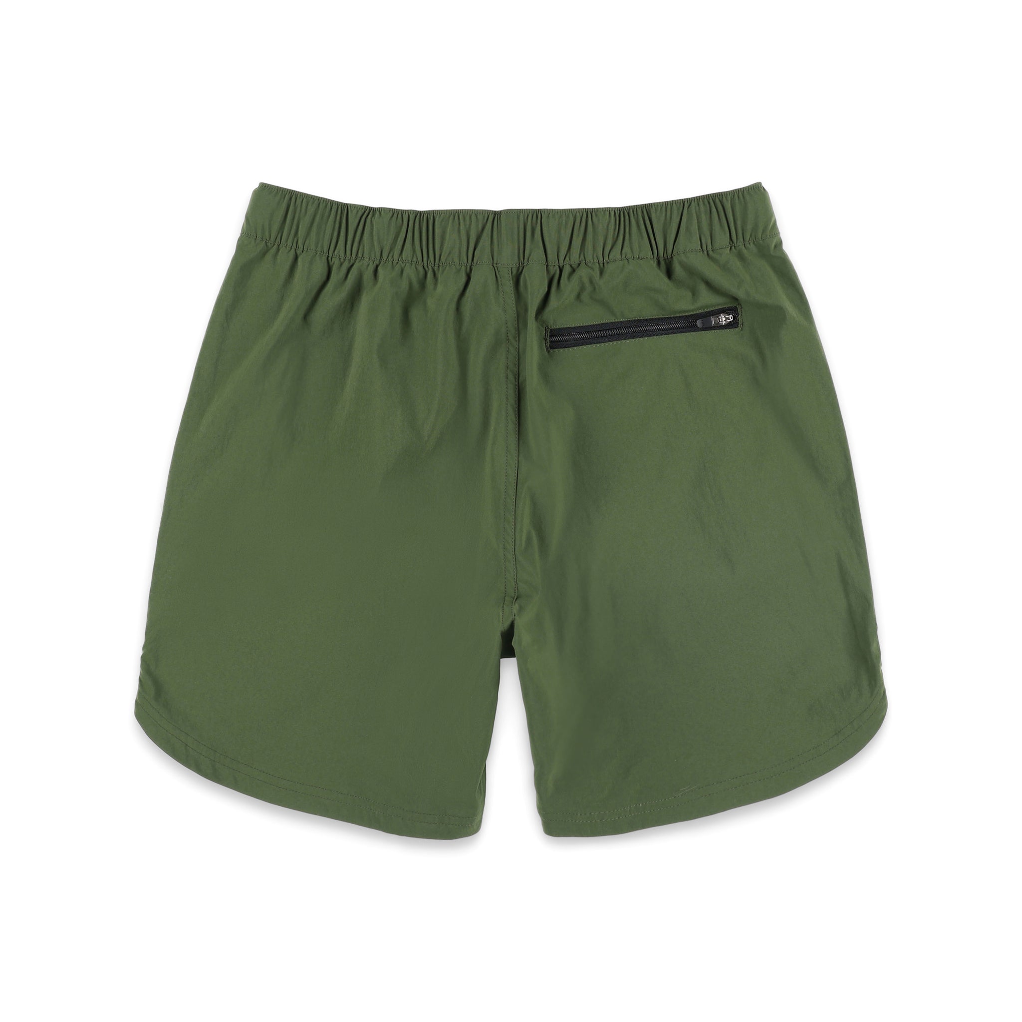 Back zipper pocket on Topo Designs Men's River quick-dry swim Shorts in "Olive" green.