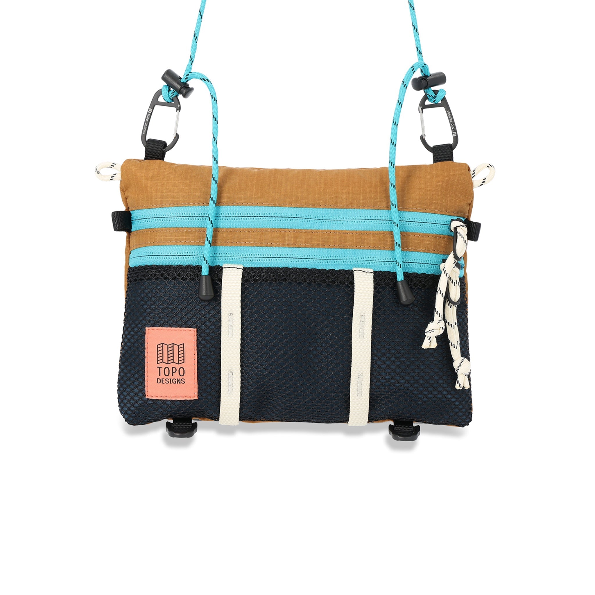 Topo Designs Mountain Accessory crossbody Shoulder Bag in brown "Khaki / Pond Blue" lightweight recycled nylon.