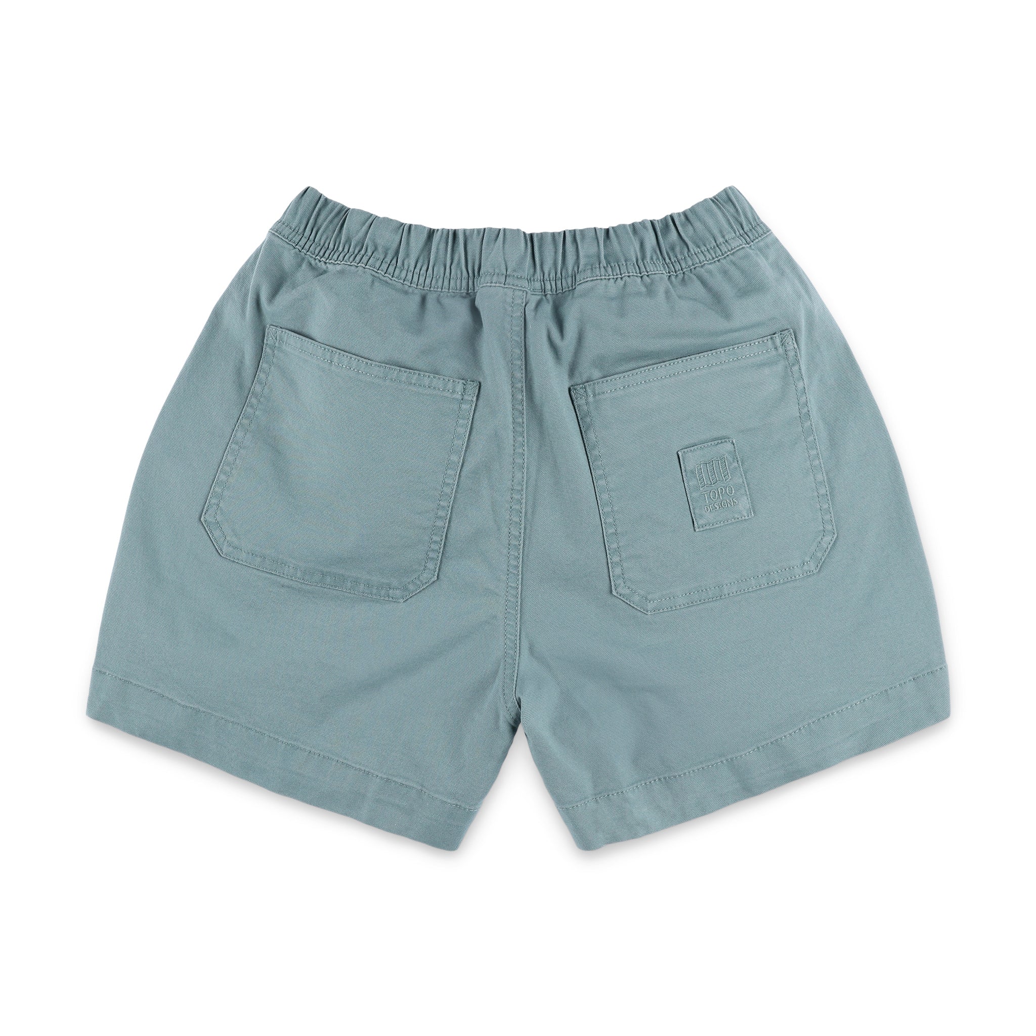 Back pockets on Topo Designs Women's drawstring Dirt Shorts in 100% organic cotton "Sage" blue green.