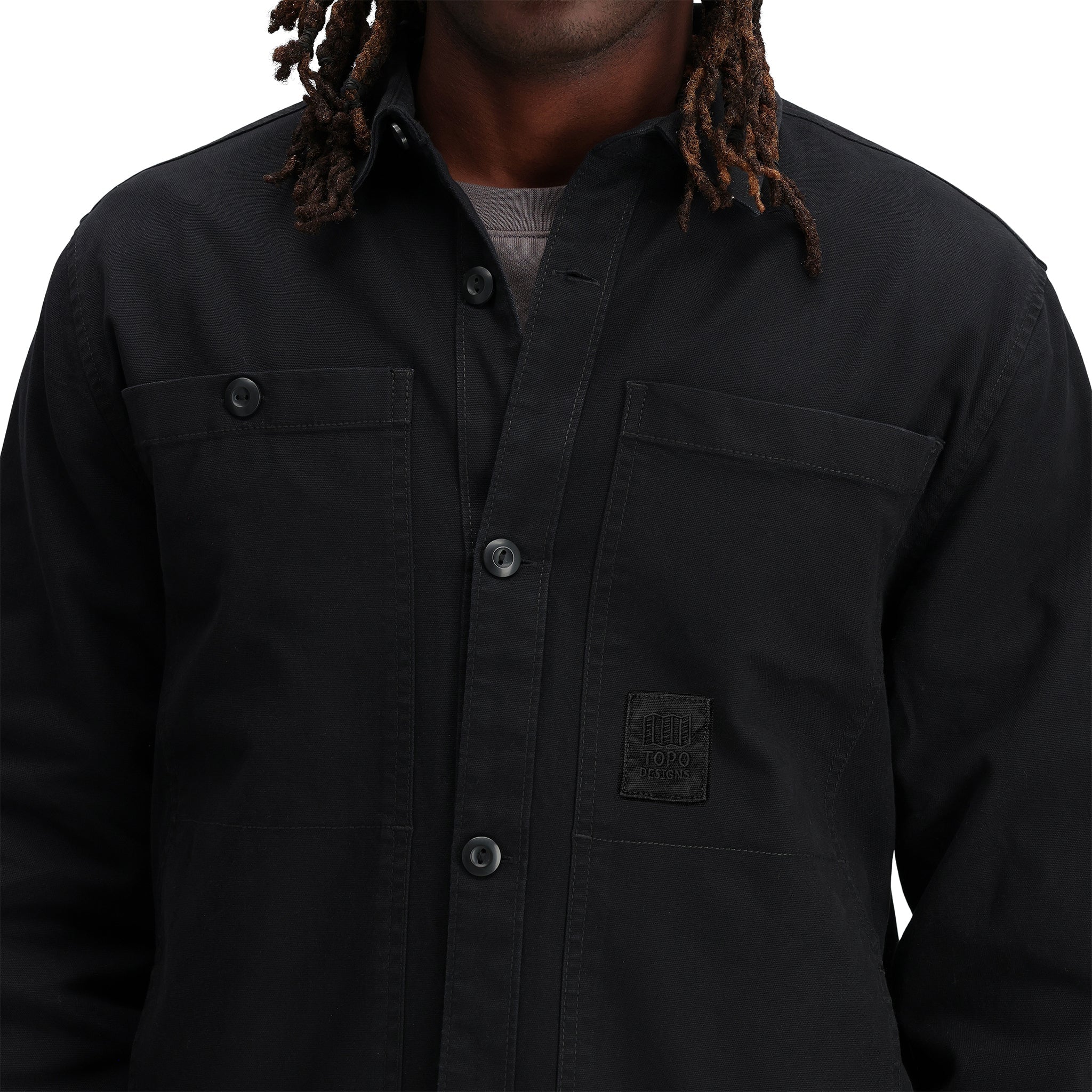 Detail shot of Topo Designs Men's Dirt shirt Jacket 100% organic cotton in "Black".