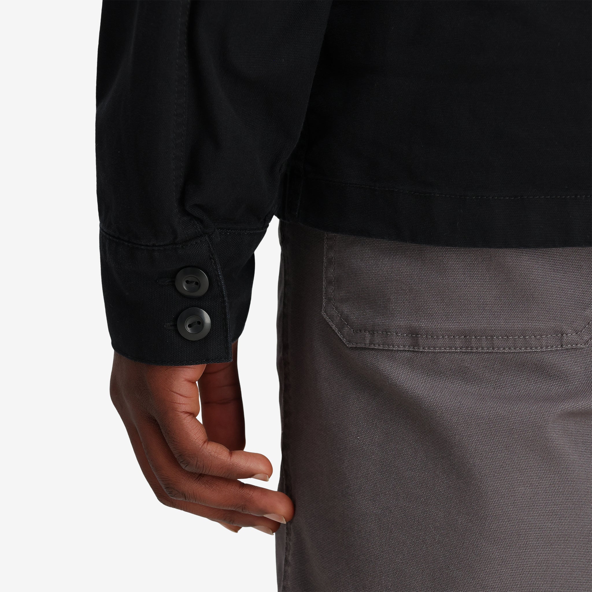 Detail shot of Topo Designs Men's Dirt shirt Jacket 100% organic cotton in "Black".