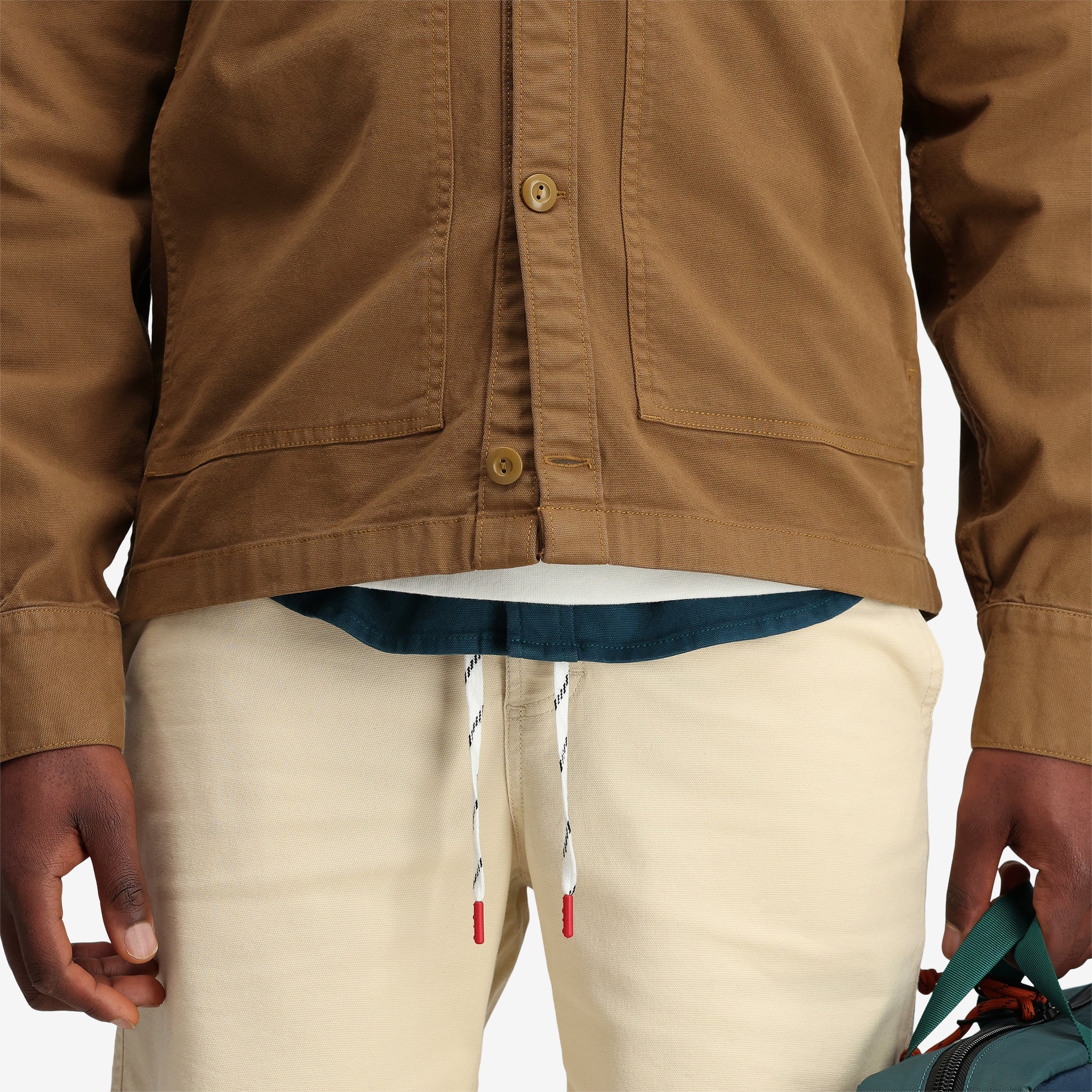 General detail shot of Topo Designs Men's Dirt shirt Jacket 100% organic cotton in "Dark Khaki".