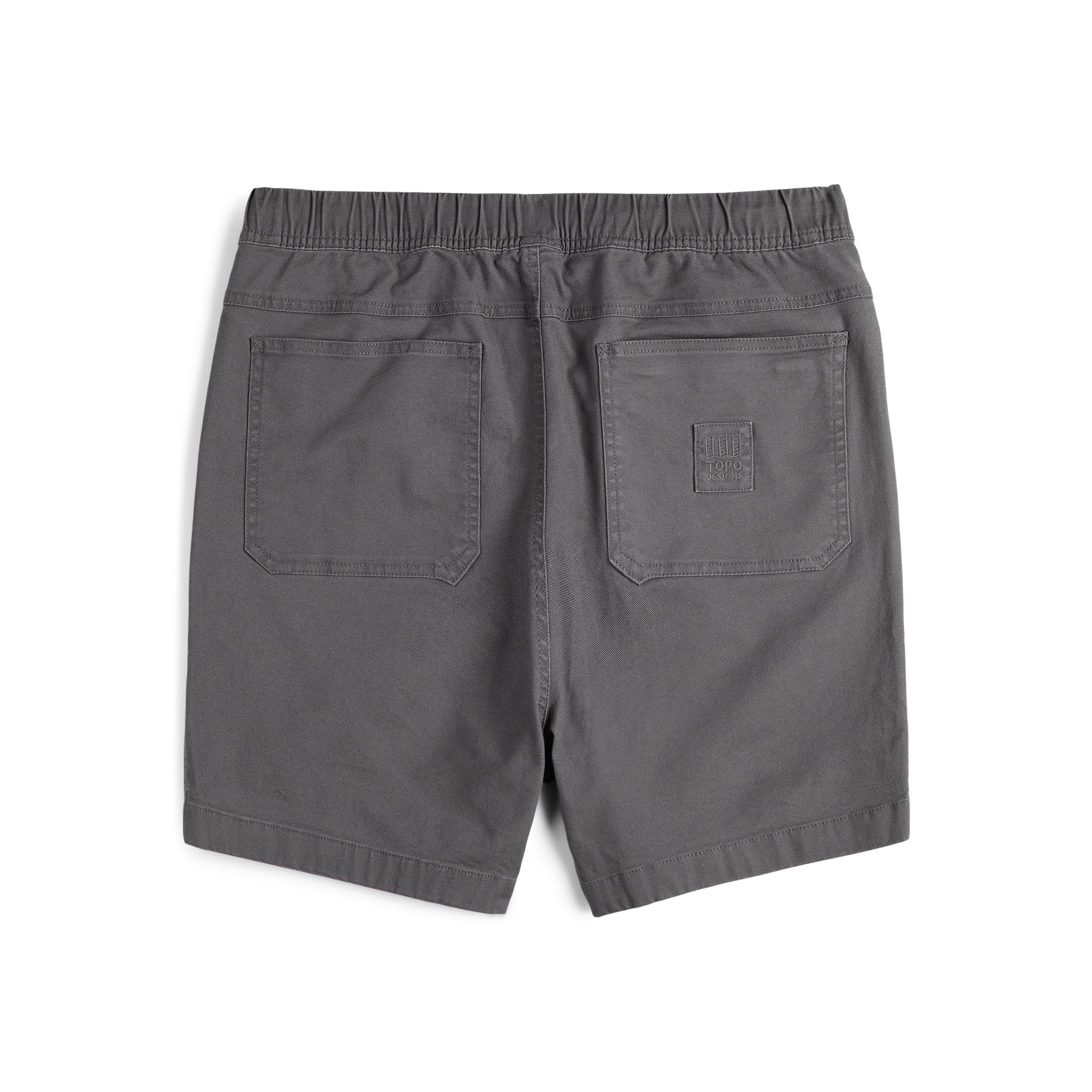 Back photo of Topo Designs Men's drawstring Dirt Shorts 100% organic cotton in "Charcoal" gray.