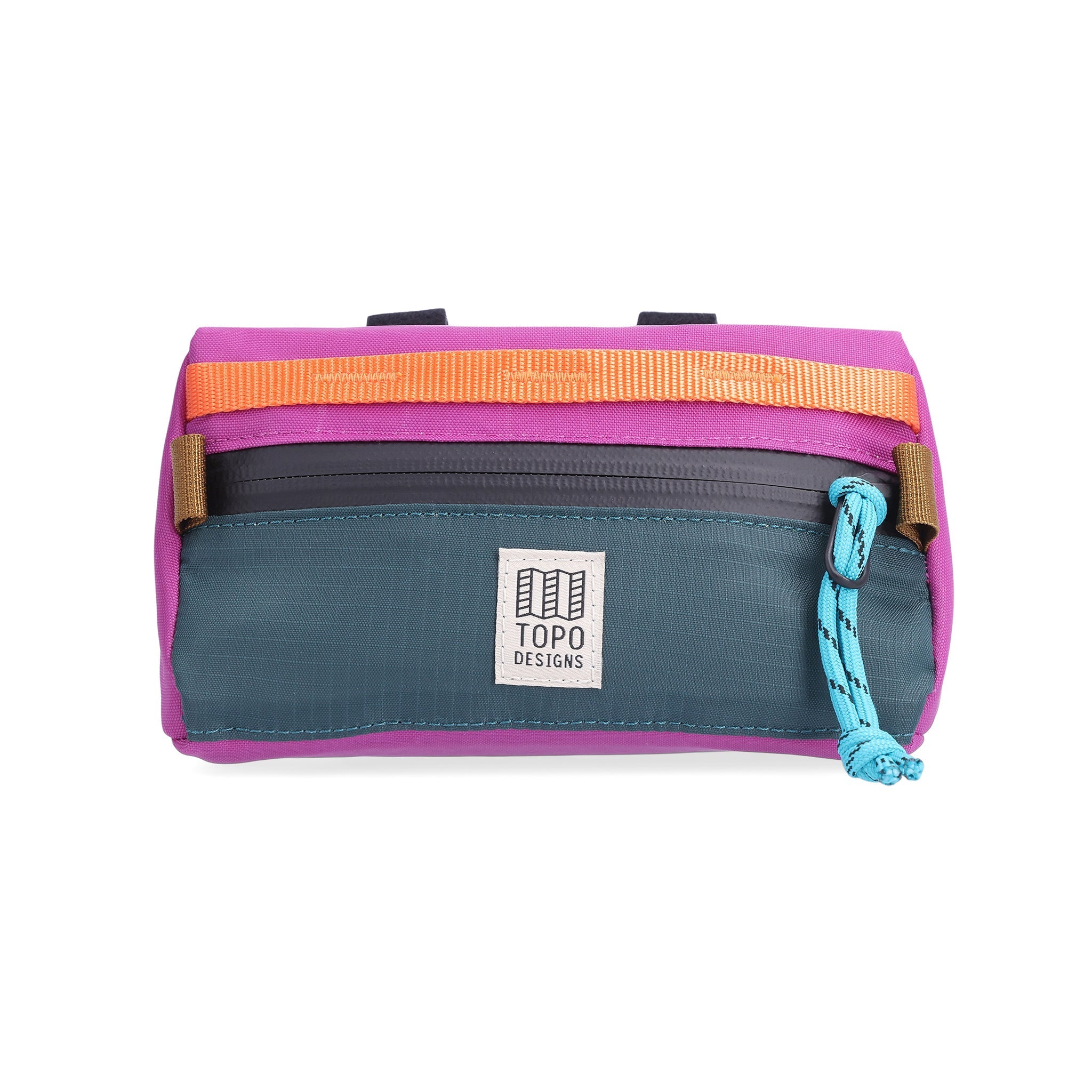 Topo Designs Bike Bag Mini Mountain bicycle handlebar bag in "Botanic Green / Grape" lightweight recycled nylon.