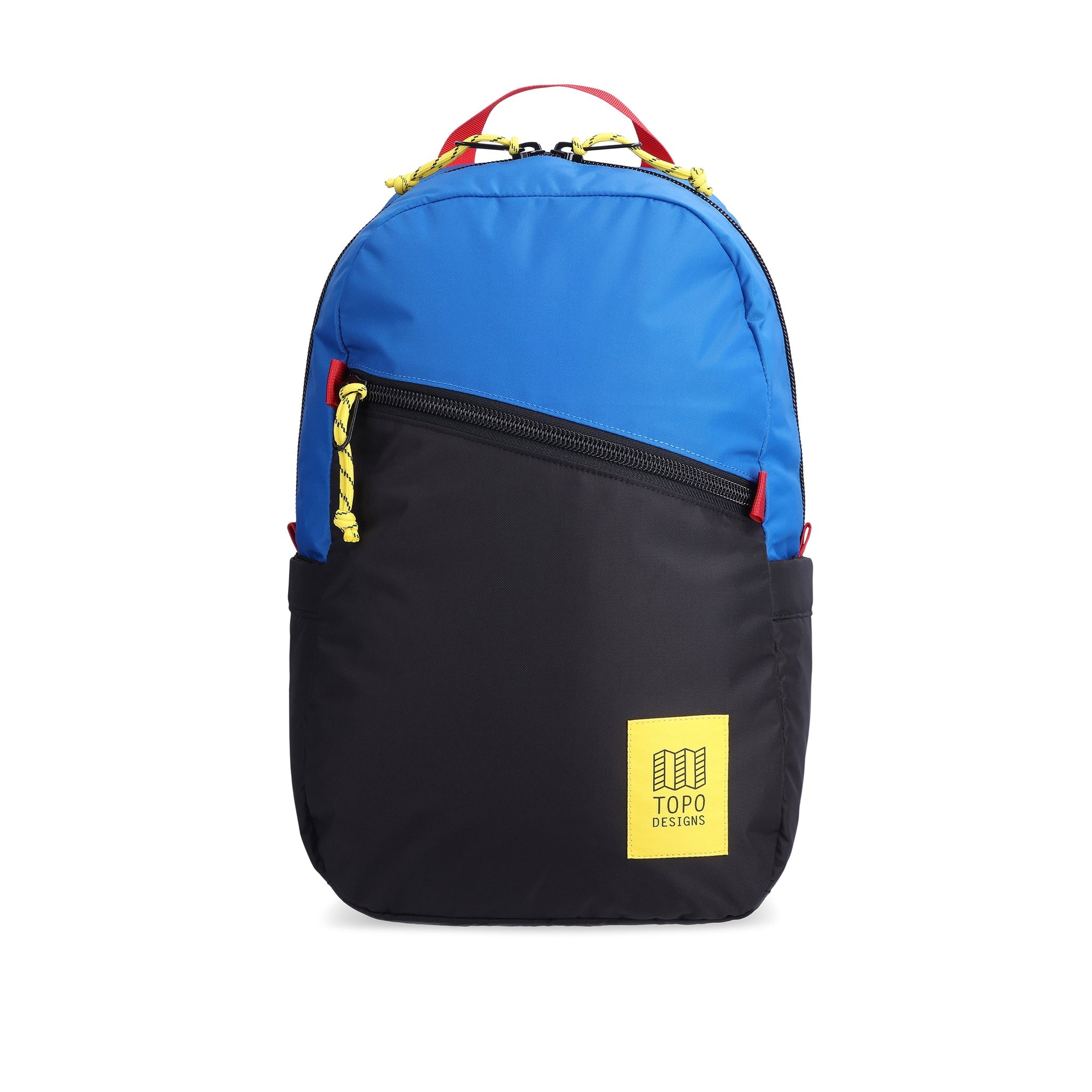 Front view of Topo Designs Light Pack in recycled "Black / Blue" nylon.