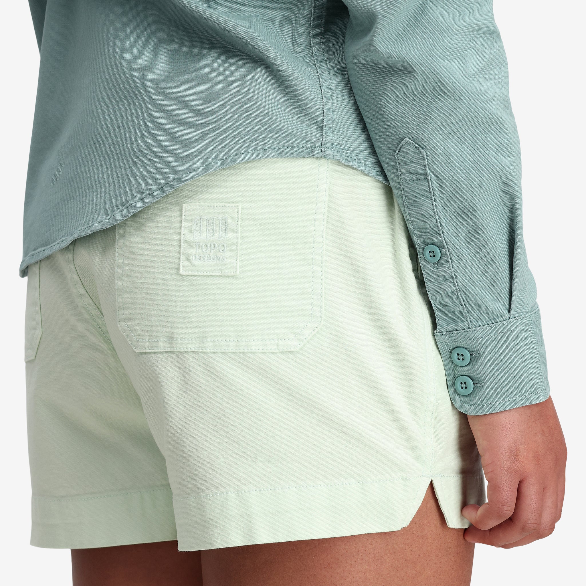 General detail shot of Topo Designs Women's Dirt Shorts in "Light Mint".